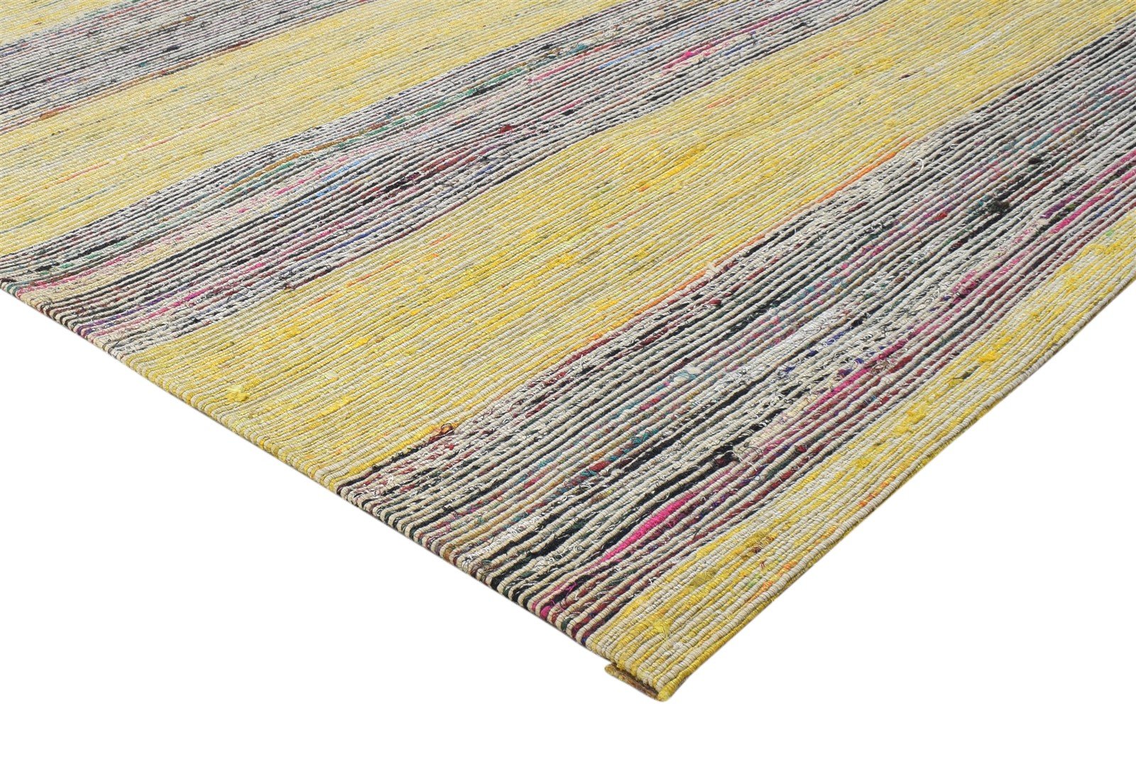 Erminia 100% Wool / Art Silk Yellow Rug 5X7 Modern Jacquard Loom Bohemian Striped 7864179359893
