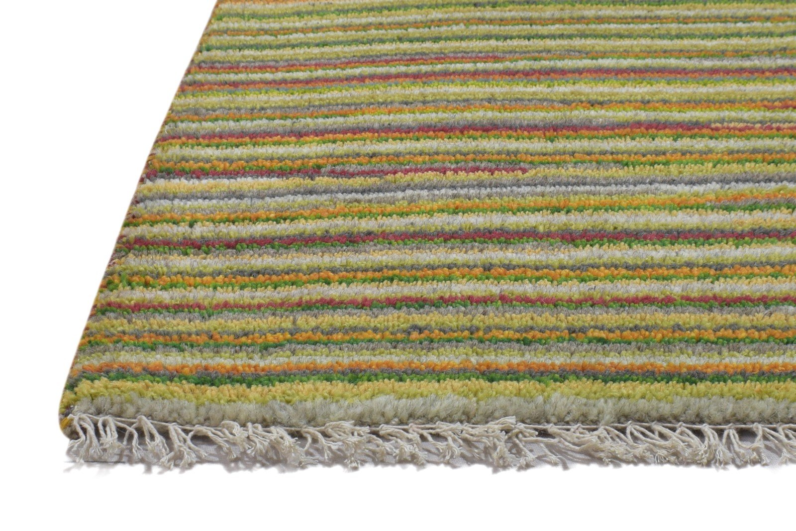 100% Wool Green Rug 1X2 Modern Hand Knotted Scandinavian Striped Small Carpet 7864205115541