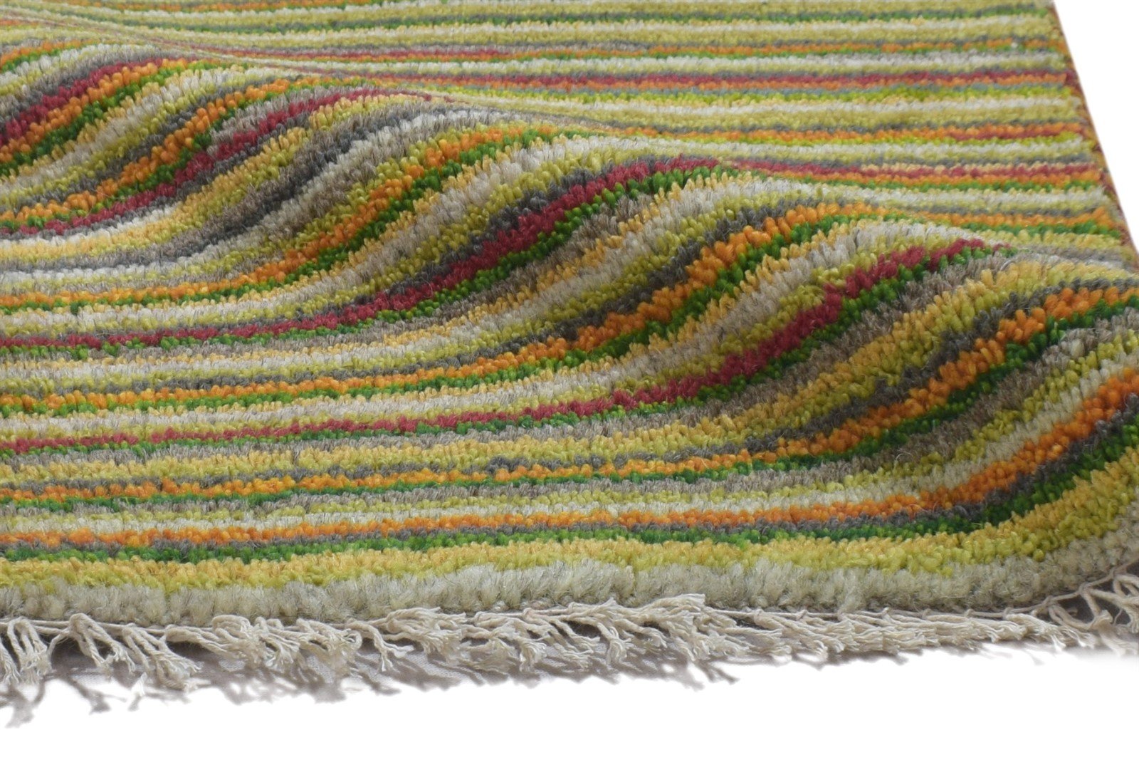 100% Wool Green Rug 1X2 Modern Hand Knotted Scandinavian Striped Small Carpet 7864205115541