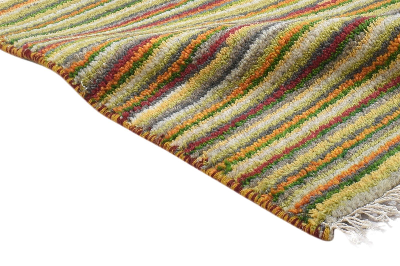 100% Wool Green Rug 1X2 Modern Hand Knotted Scandinavian Striped Small Carpet 7864205115541