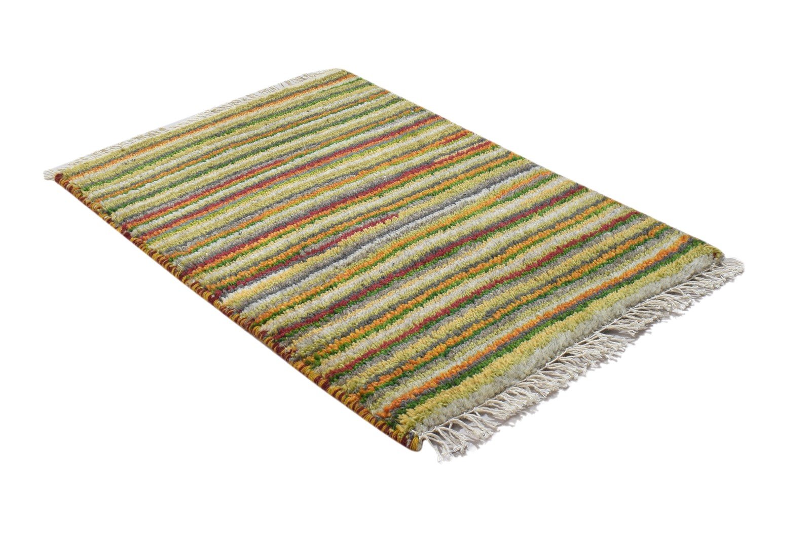 100% Wool Green Rug 1X2 Modern Hand Knotted Scandinavian Striped Small Carpet 7864205115541