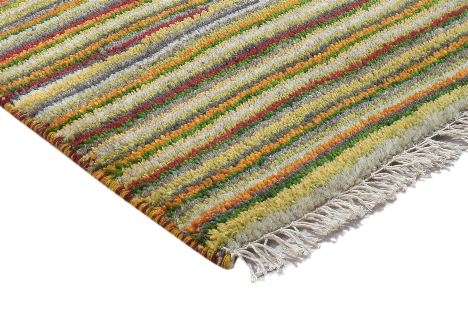 100% Wool Green Rug 1X2 Modern Hand Knotted Scandinavian Striped Small Carpet 7864205115541