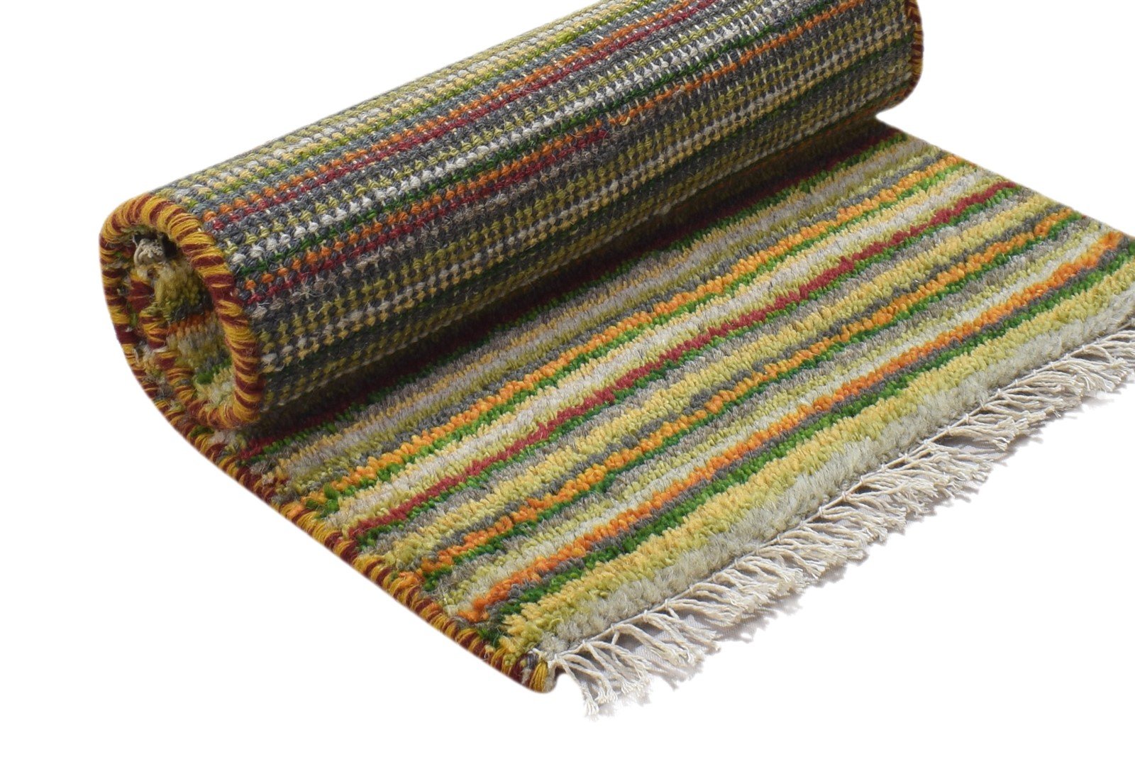 100% Wool Green Rug 1X2 Modern Hand Knotted Scandinavian Striped Small Carpet 7864205115541