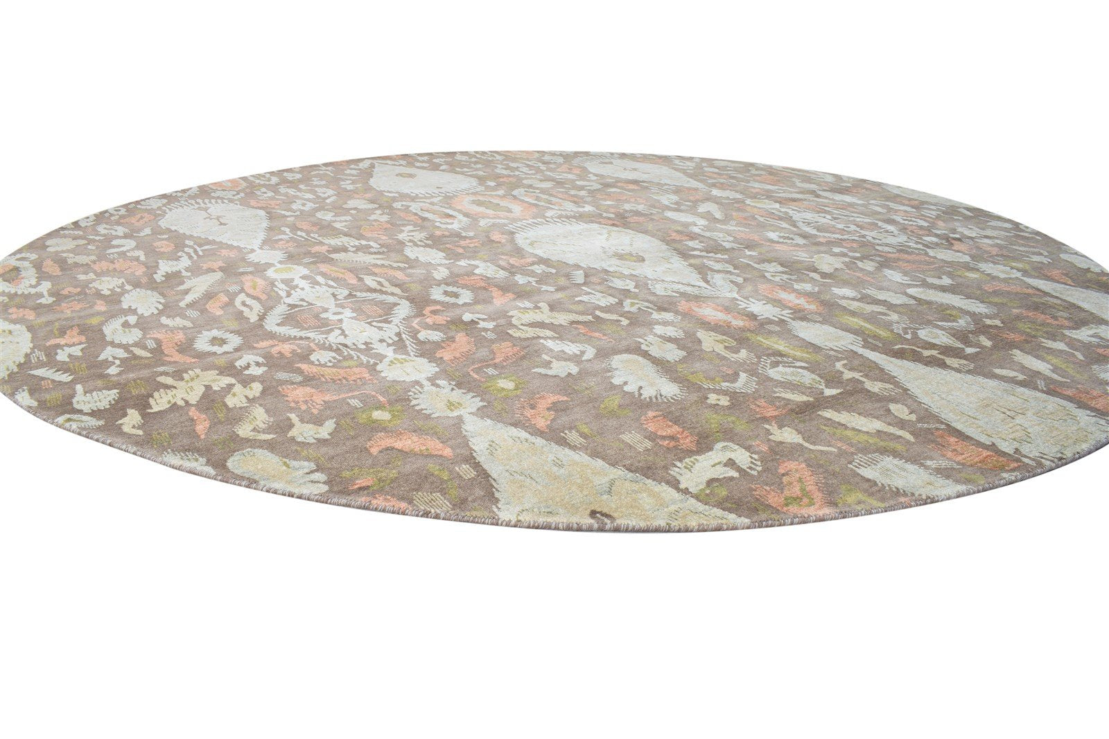 10X10 Rug Wool Brown Transitional Hand Knotted European Ikat Extra Large Round 7864617697429