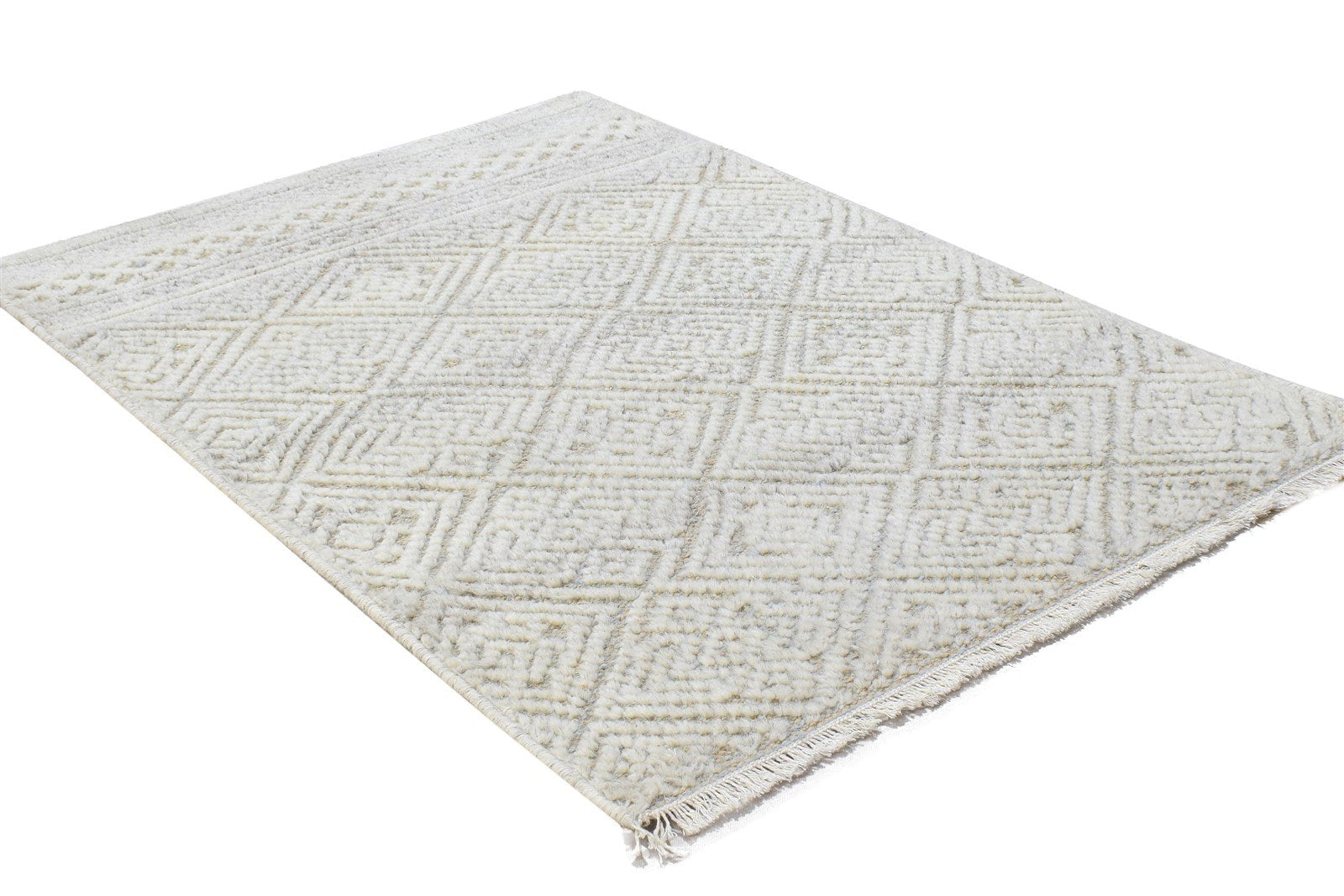 2' X 3' Rug Wool Beige Modern Hand Knotted Scandinavian Geometric Small Carpet 7864332288149