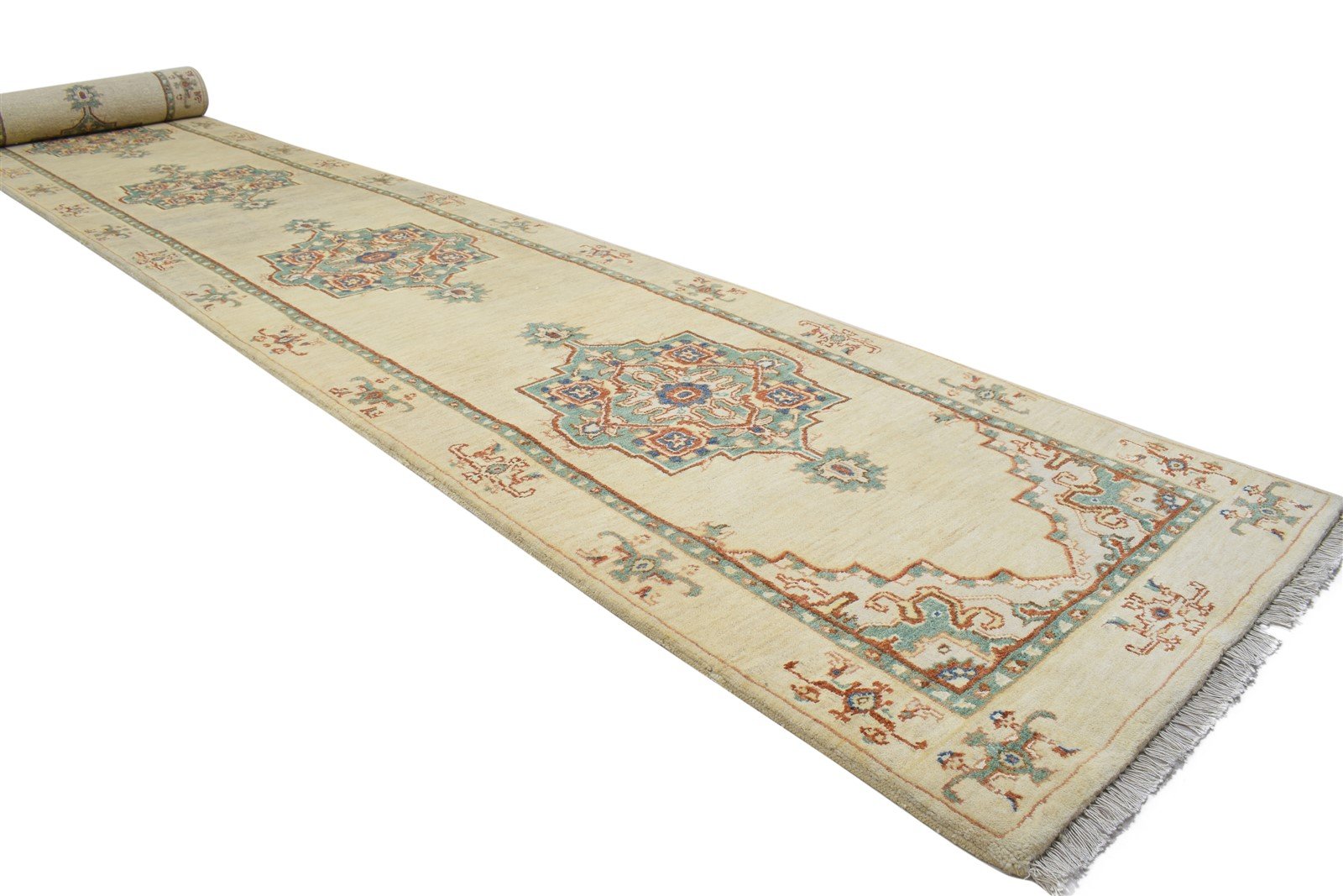 26X15 Rug Wool / Silk Beige Persian Hand Knotted Oushak Oriental Small Runner 7864089215125