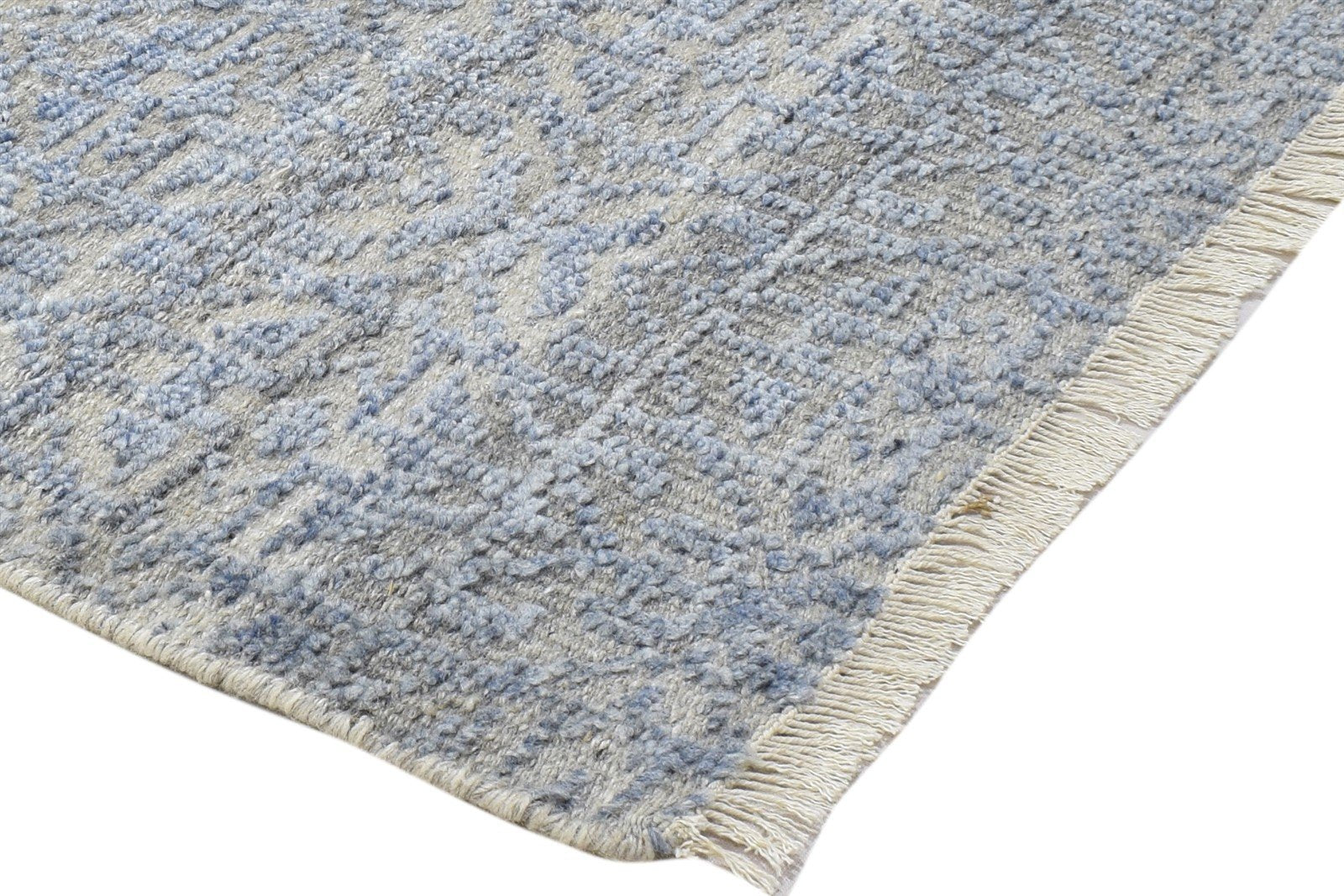 2X3 Rug Wool Silk Blue Modern Hand Knotted Scandinavian Trellis Small Carpet 7864087216277