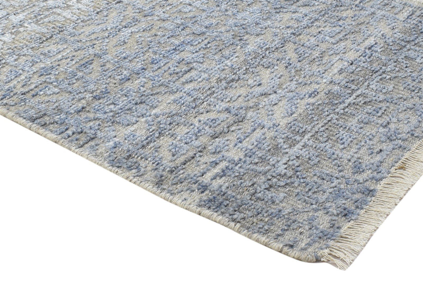 2X3 Rug Wool Silk Blue Modern Hand Knotted Scandinavian Trellis Small Carpet 7864087216277