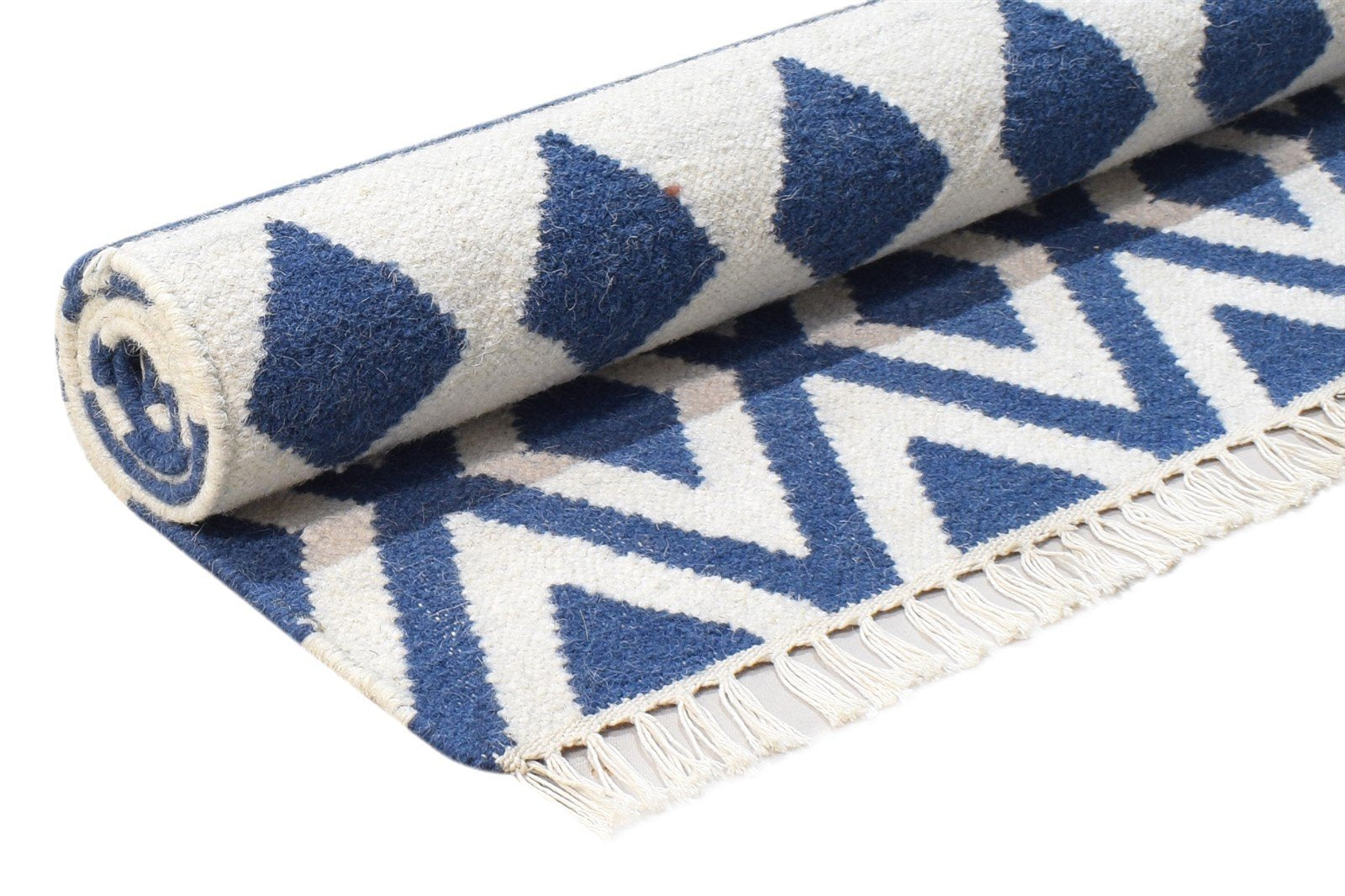 3' X 5' Rug Wool Blue Modern Dhurrie Scandinavian Triangles Small Carpet 7865121669269