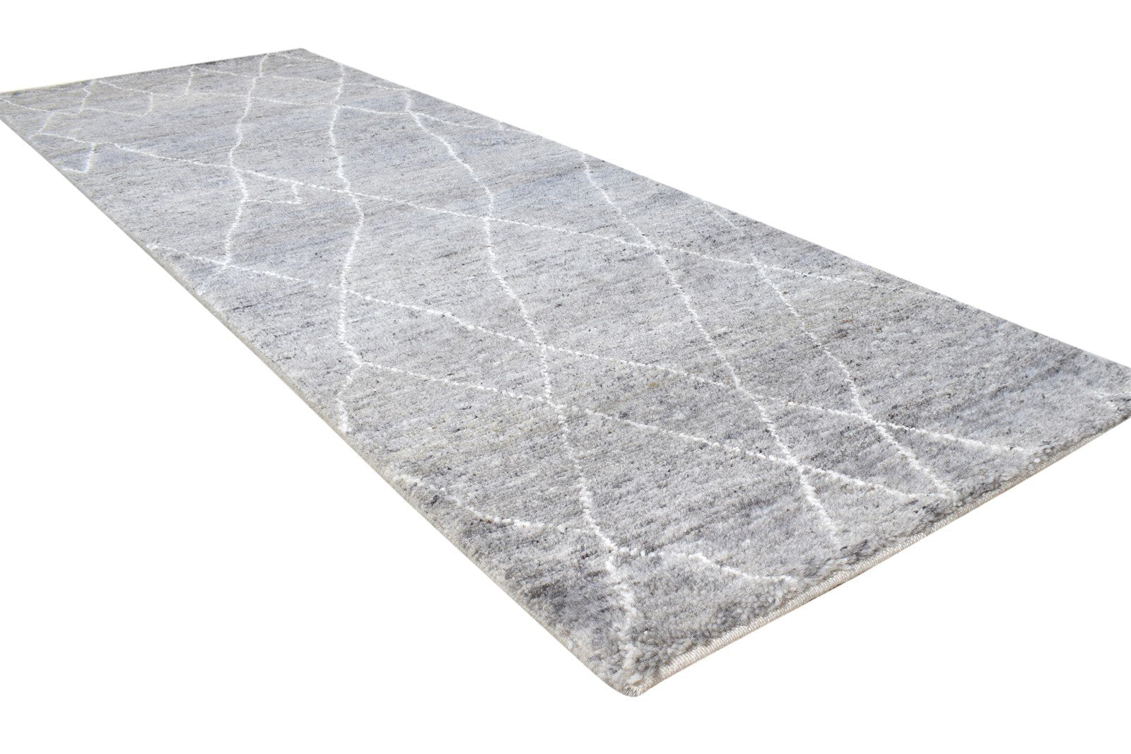 3' X 8' Rug Wool Silk Grey Shag Hand Knotted Moroccan Diamond Small Runner 7864623792277