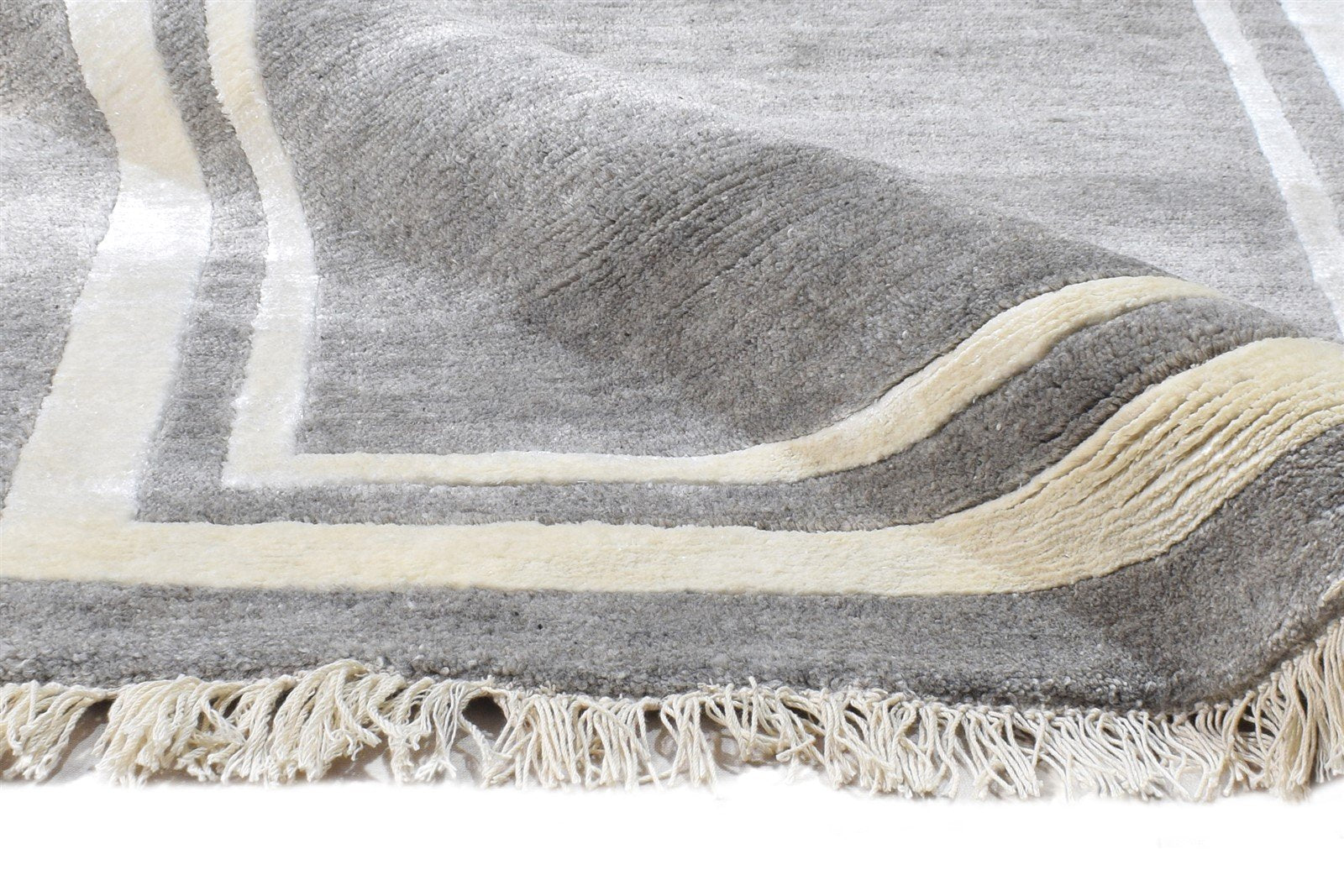 3X4 Rug Wool / Silk Grey Modern Hand Knotted Scandinavian Bordered Small Carpet 7865142214805