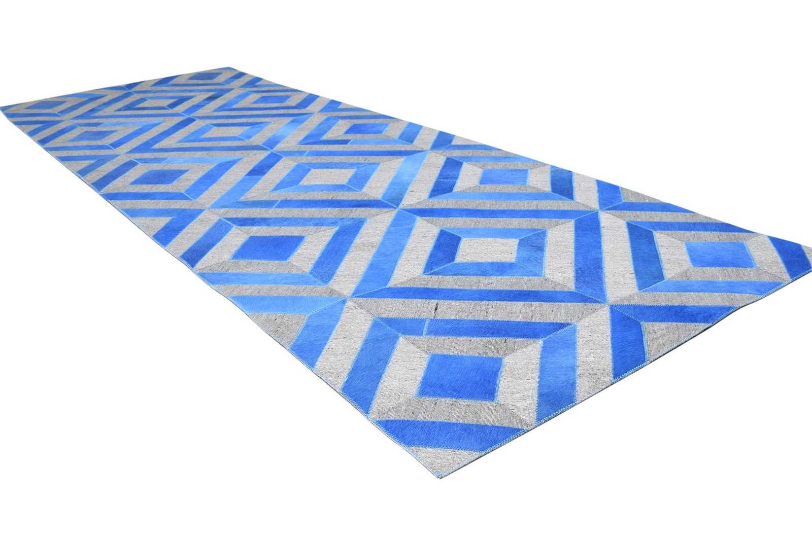 3X9 Rug Leather / Cotton Blue Modern Hand Woven Moroccan Diamond Small Runner 7864365088917