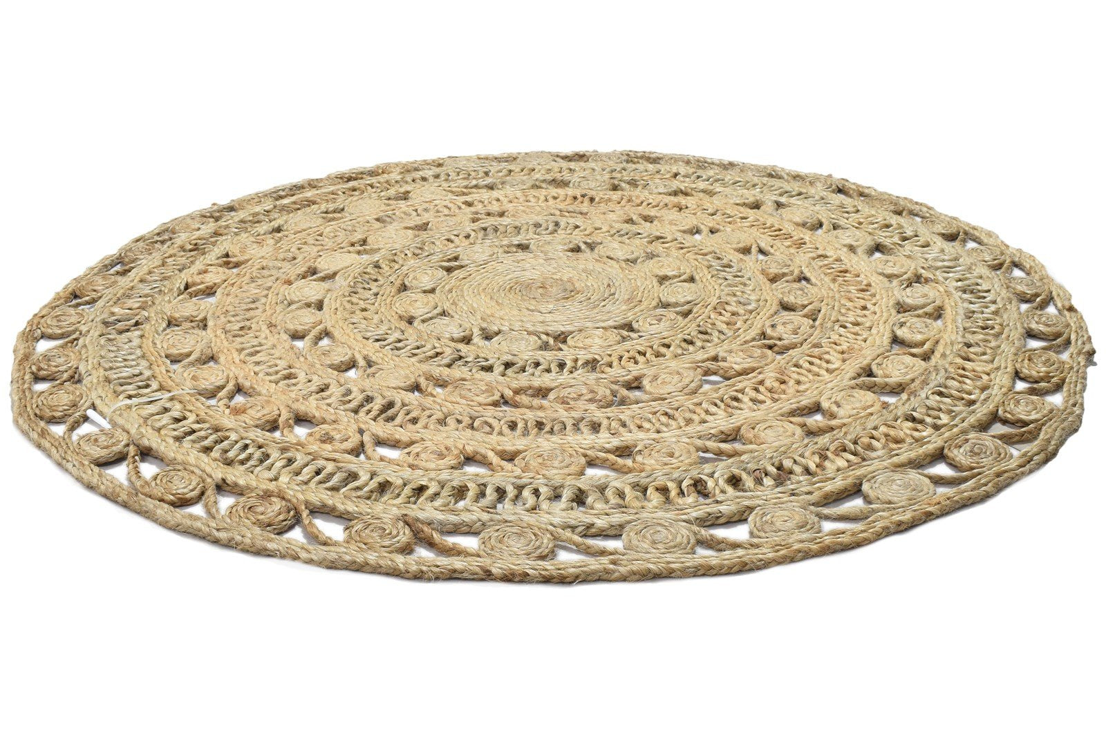 4' X 4' Rug Jute Beige Modern Hand Woven Scandinavian Circles Room Size Round 7864818958485