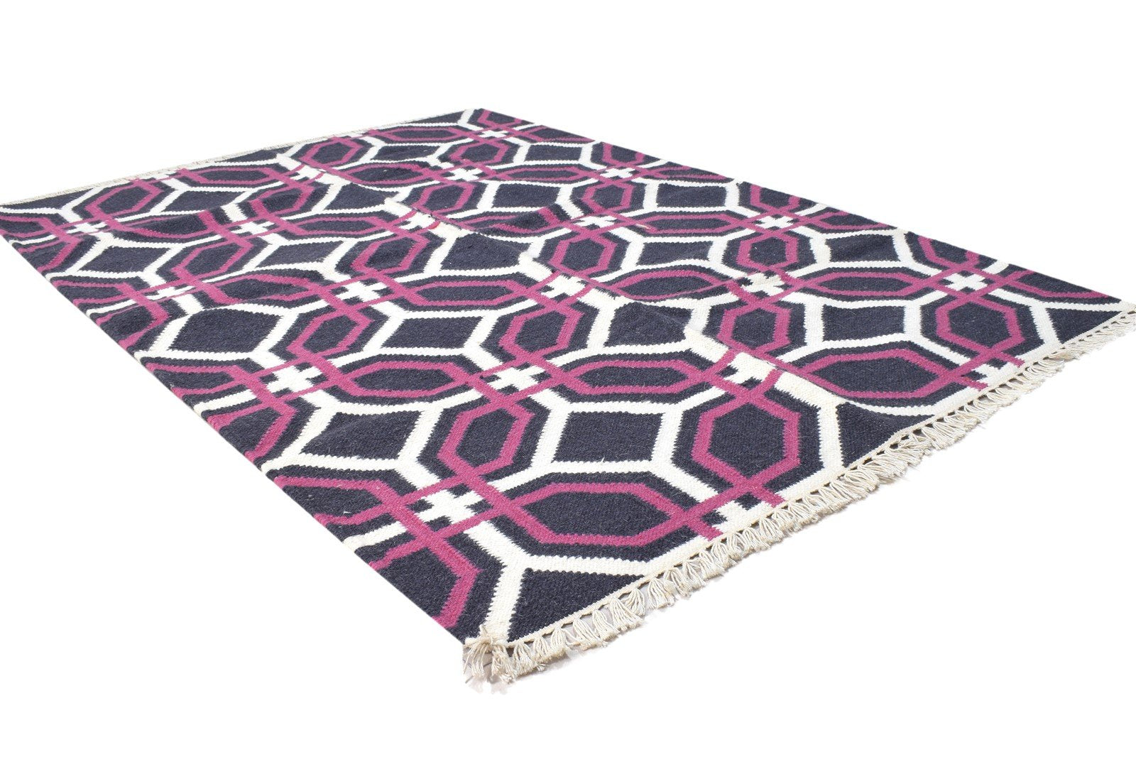 Olive 4' X 5' Rug Wool Charcoal Modern Dhurrie Bohemian Trellis 7864386650261