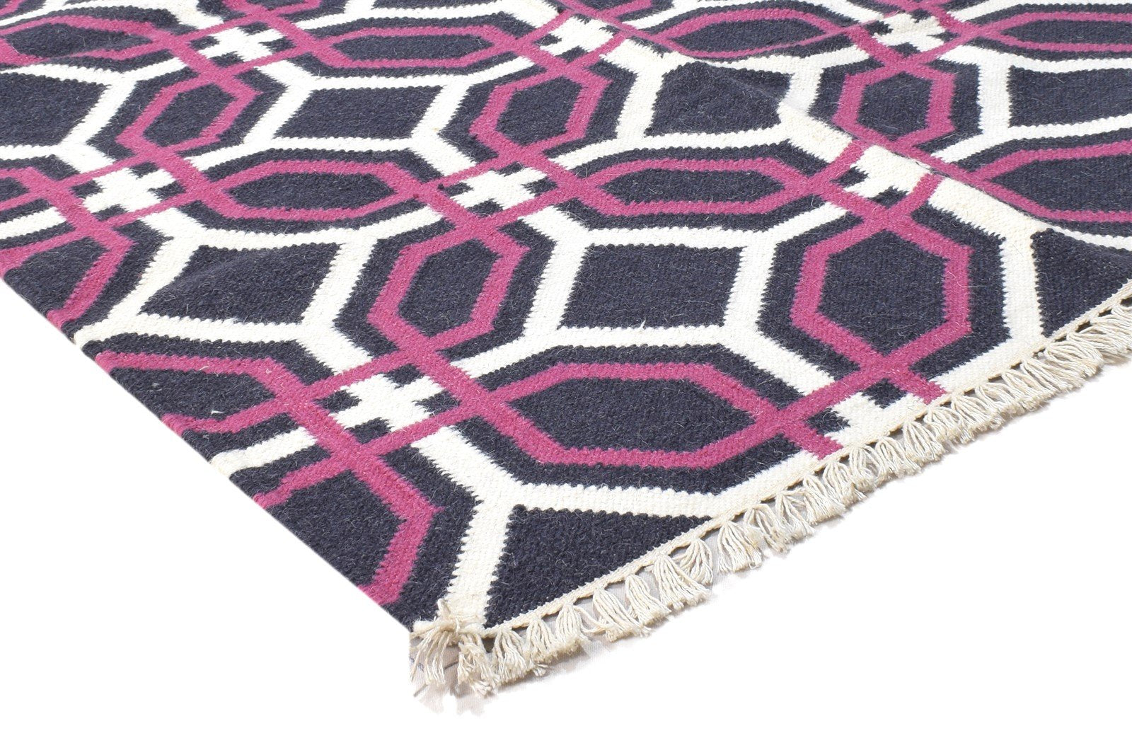 Olive 4' X 5' Rug Wool Charcoal Modern Dhurrie Bohemian Trellis 7864386650261
