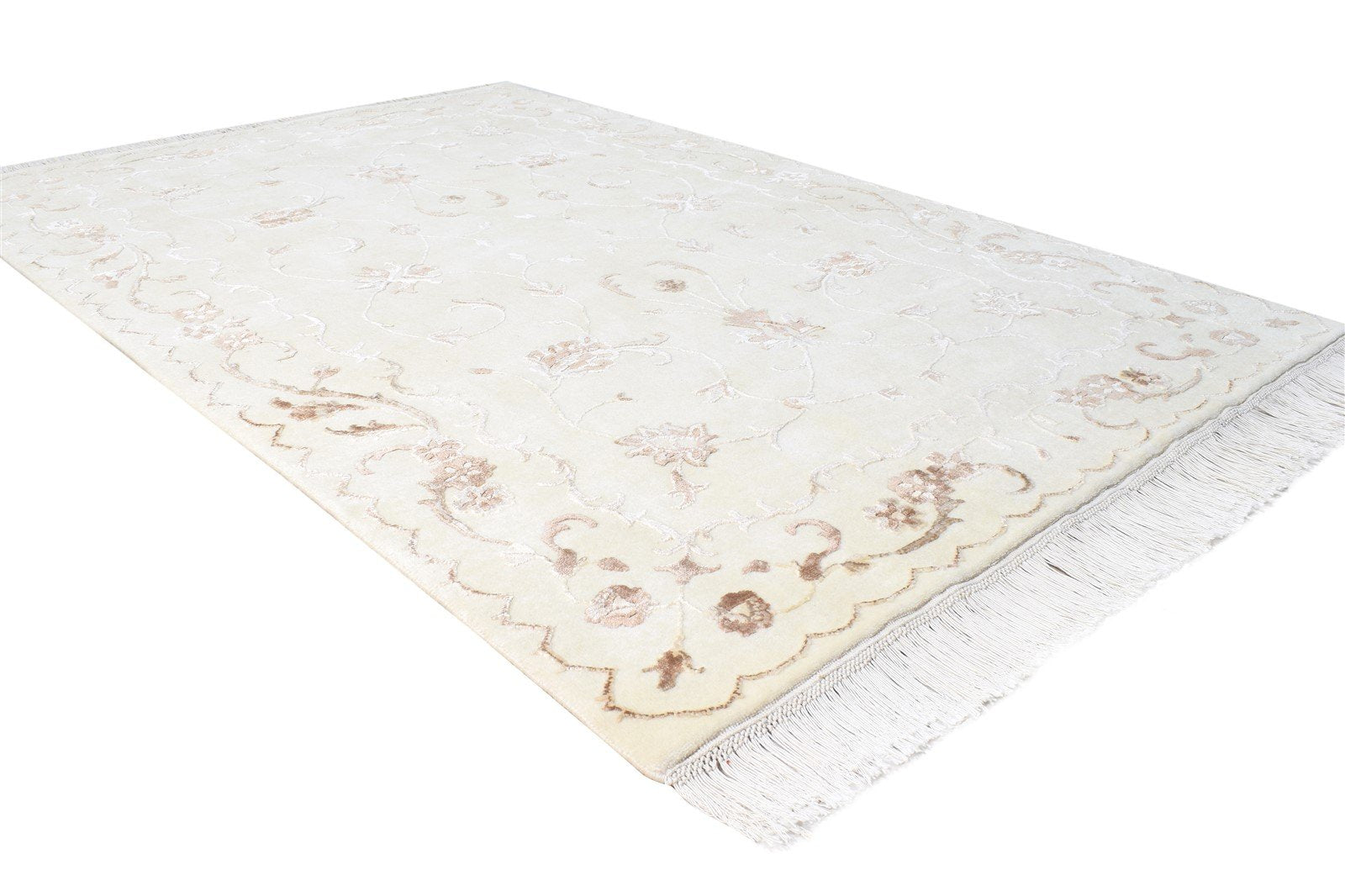 4X6 Rug Wool / Silk Cream Persien Hand Knotted Abbuson Oriental Room Size 7865126813845