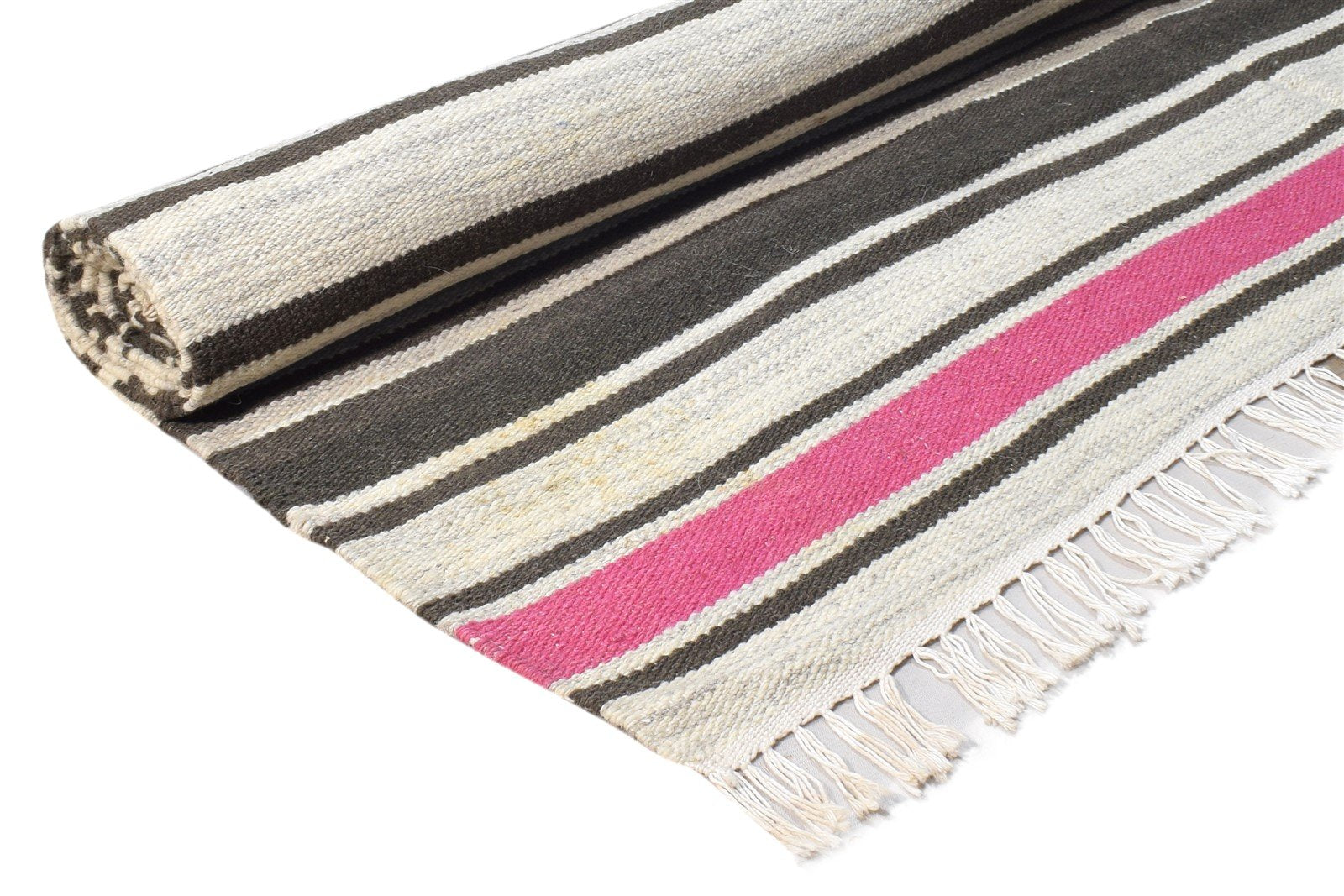 5' X 8' Rug Wool Brown Modern Dhurrie Scandinavian Striped Room Size Carpet 7865192611989