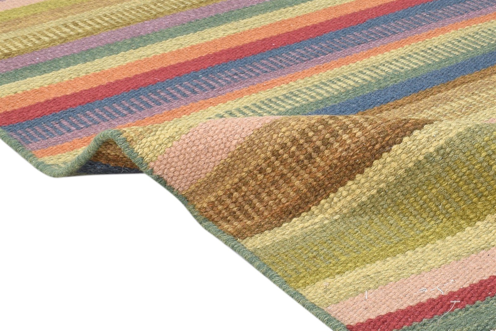 5' X 8' Rug Wool Green Modern Dhurrie Bohemian Striped Room Size Carpet 7865019400341