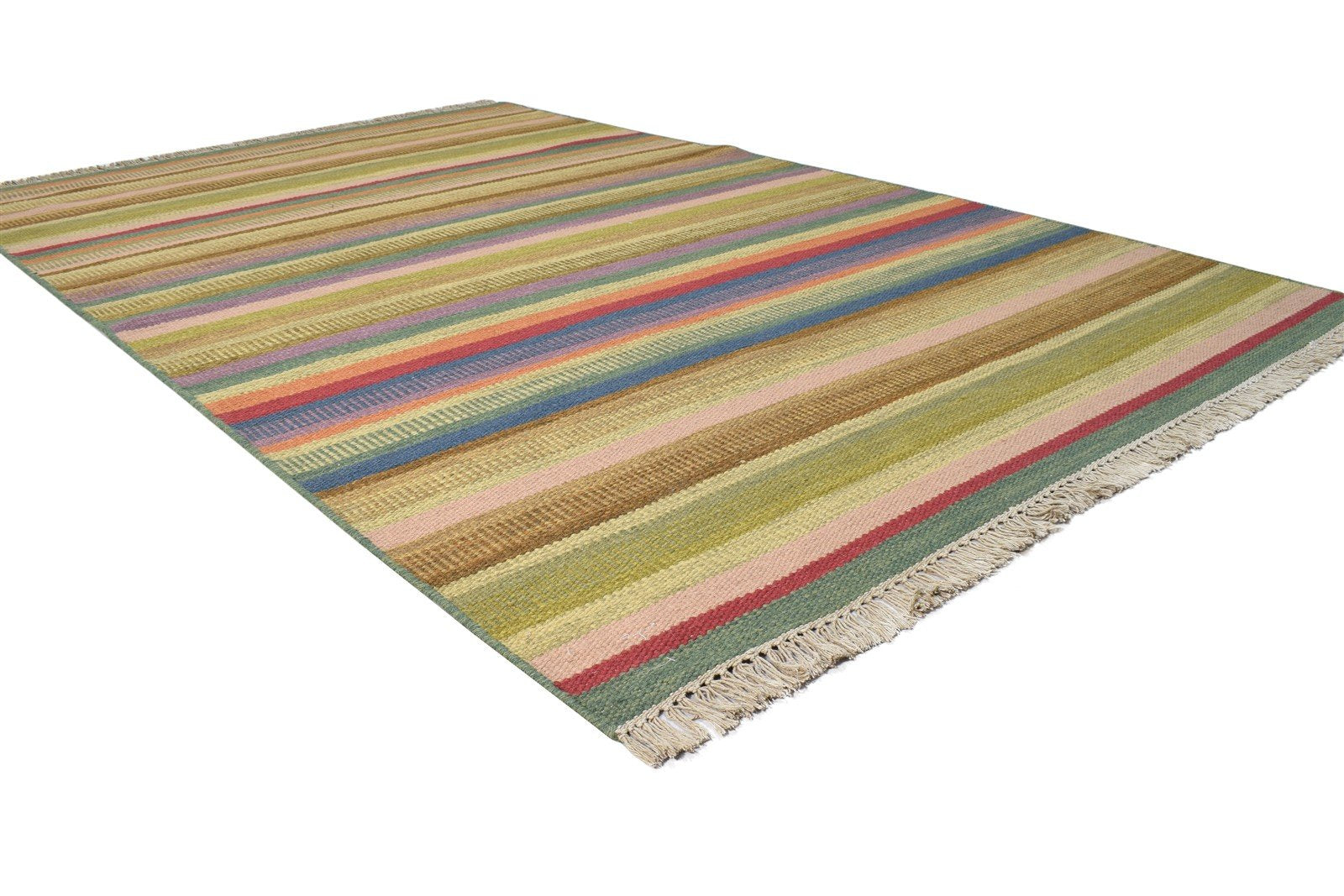 5' X 8' Rug Wool Green Modern Dhurrie Bohemian Striped Room Size Carpet 7865019400341