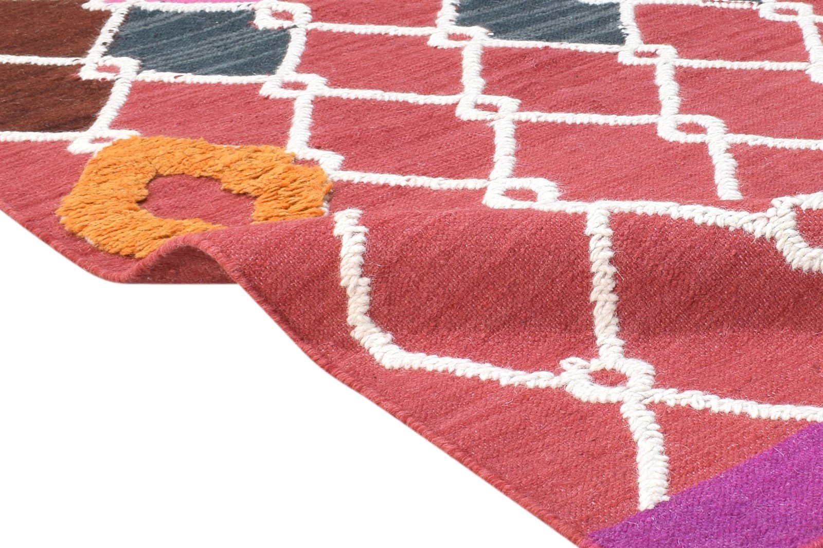 Pam 5' X 8' Rug Wool Red Modern Dhurrie Bohemian Scroll Tile 7865008160917
