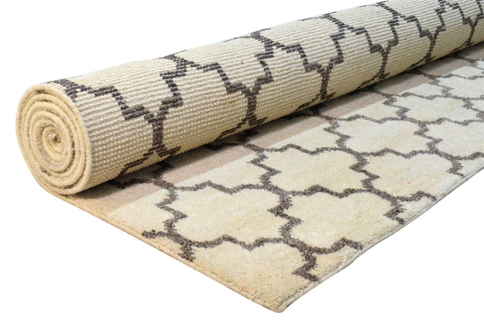 Hand Knotted Ivory Wool Rug 8' X 10' Shag Moroccan Trellis Large Carpet Area Rug
