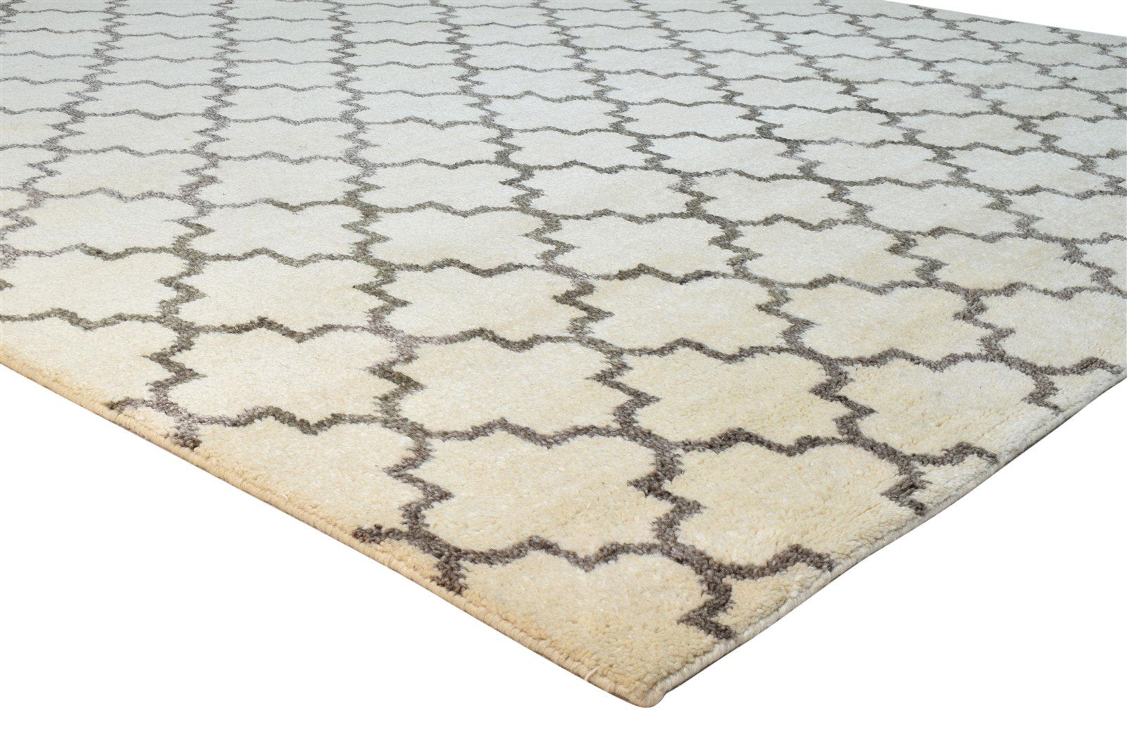Hand Knotted Ivory Wool Rug 8' X 10' Shag Moroccan Trellis Large Carpet Area Rug