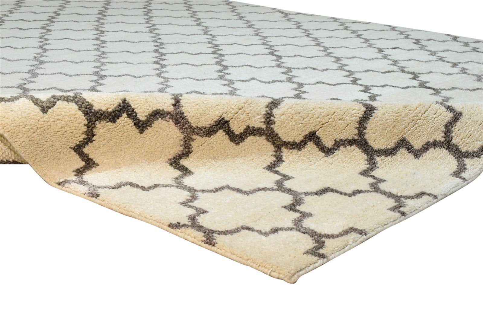 Hand Knotted Ivory Wool Rug 8' X 10' Shag Moroccan Trellis Large Carpet Area Rug