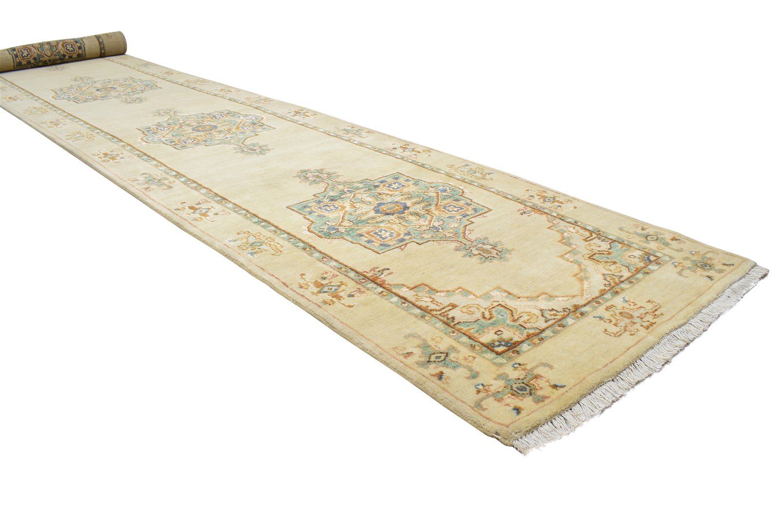 Beige Wool / Silk Rug 3X13 Persian Hand Knotted Oushak Oriental Small Runner Area Rug