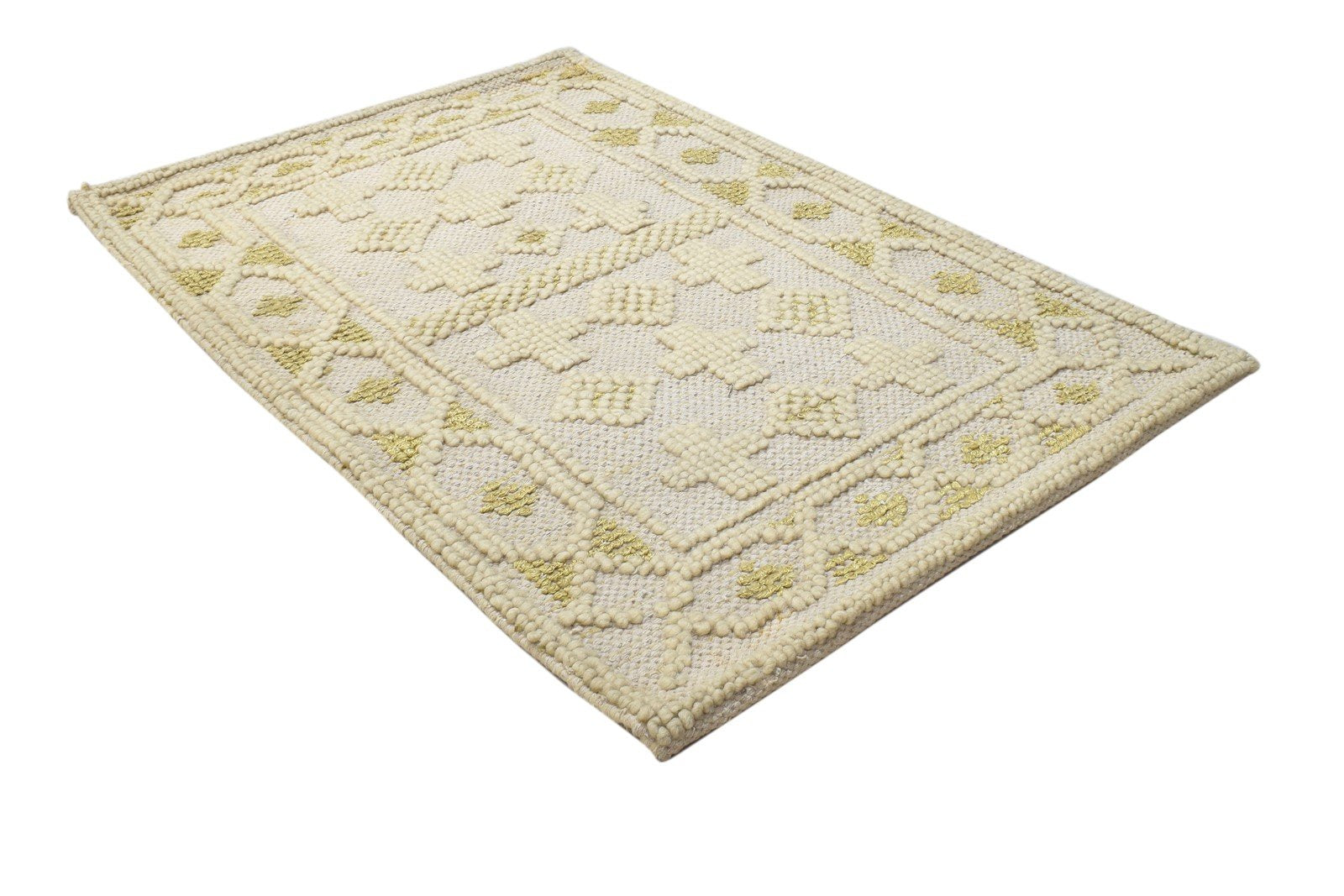 Hand Woven Beige Wool / Silk Rug 2' X 3' Modern Moroccan Geometric Small Carpet Area Rug