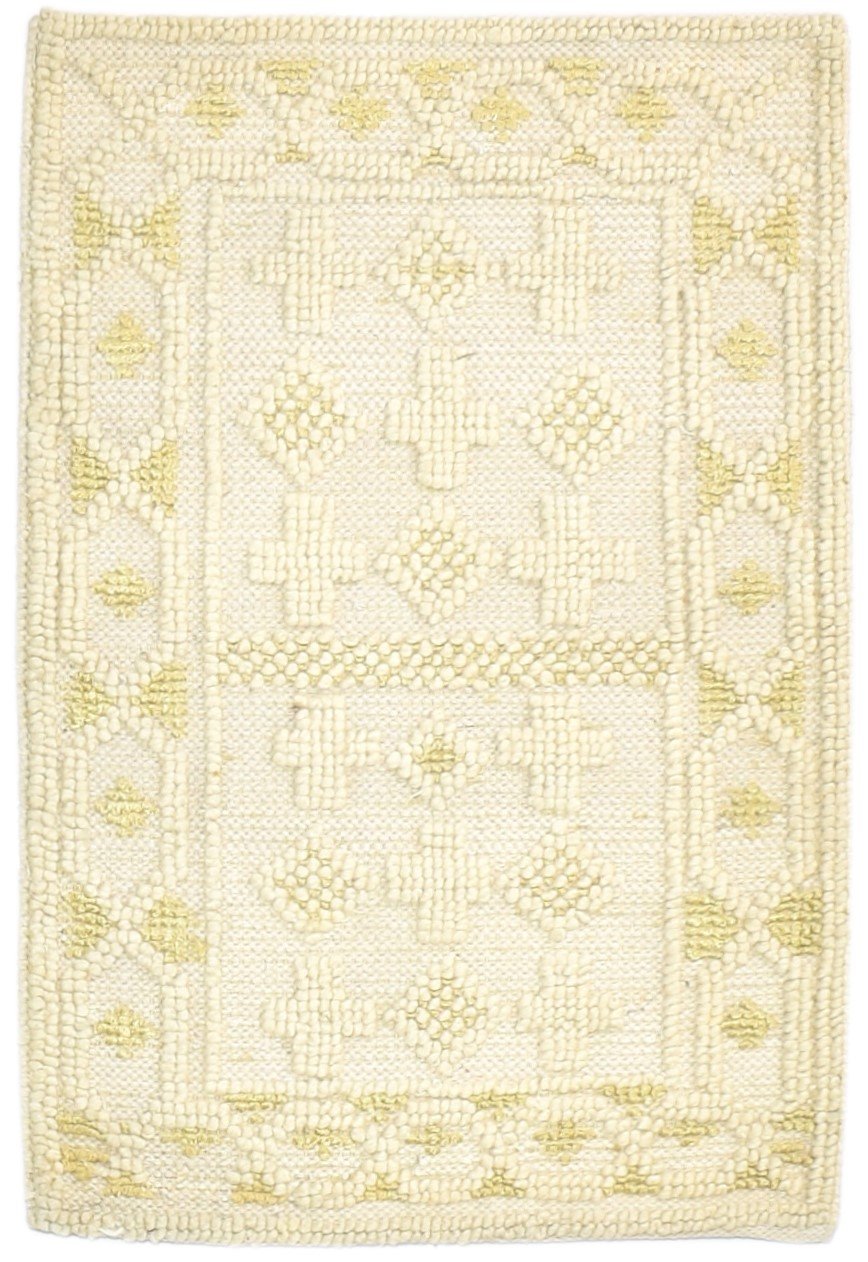 Hand Woven Beige Wool / Silk Rug 2' X 3' Modern Moroccan Geometric Small Carpet Area Rug