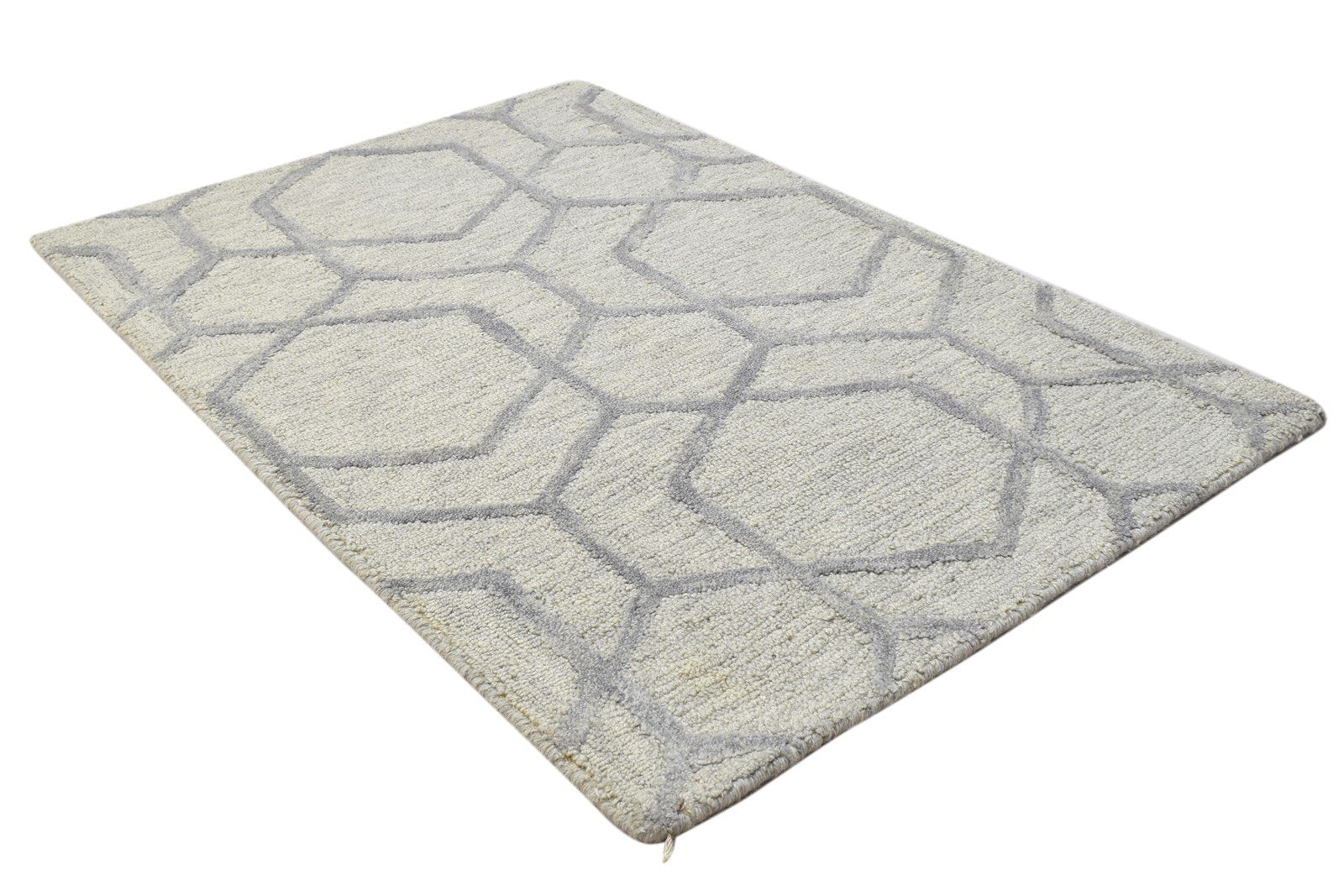 Hand Tufted Beige Wool Rug 2' X 3' Modern Scandinavian Trellis Small Carpet Area Rug
