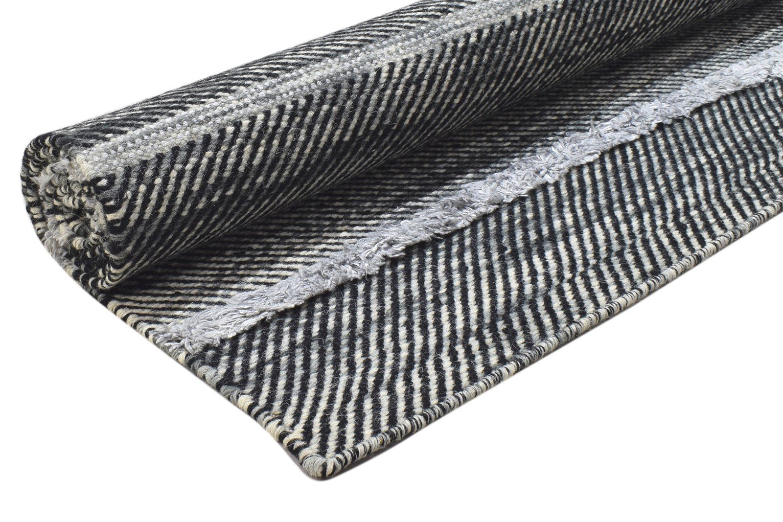 Dhurrie Black Wool / Silk Rug 5X7 Modern Scandinavian Striped Room Size Carpet Area Rug