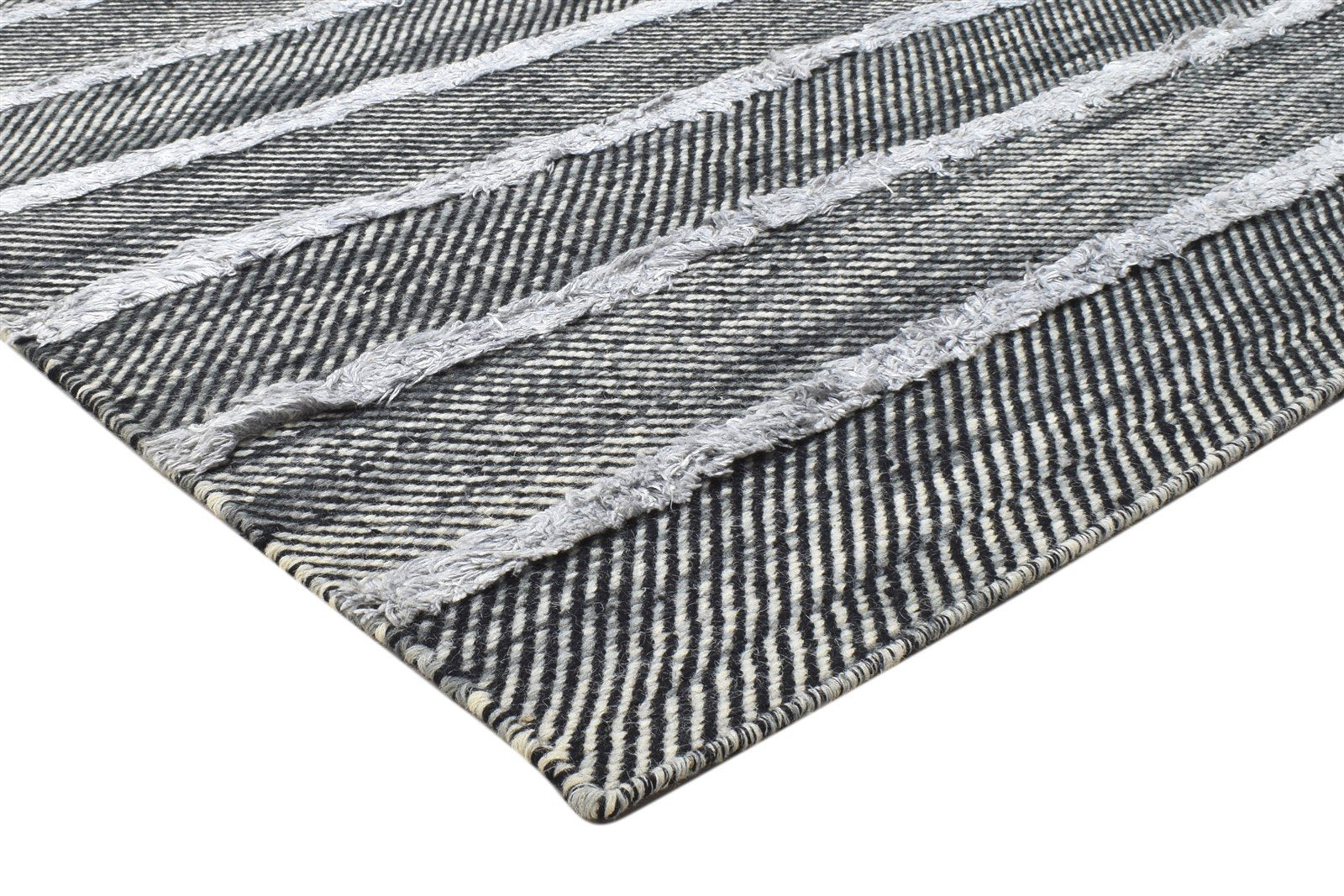 Dhurrie Black Wool / Silk Rug 5X7 Modern Scandinavian Striped Room Size Carpet Area Rug