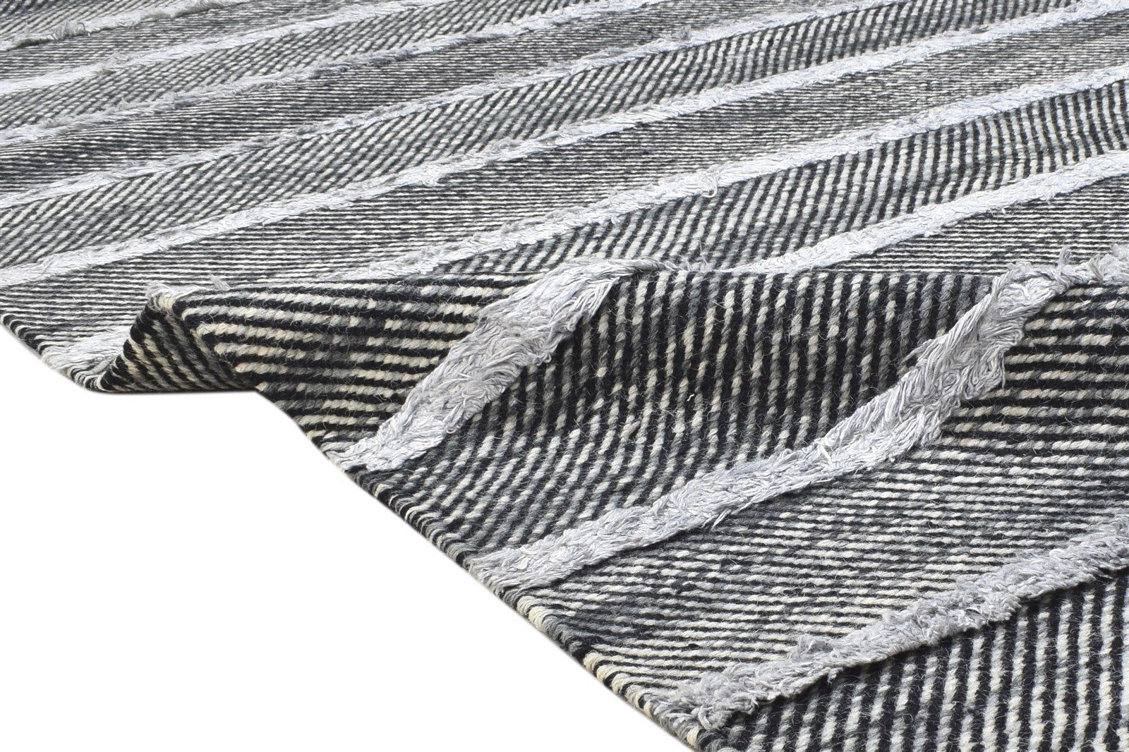 Dhurrie Black Wool / Silk Rug 5X7 Modern Scandinavian Striped Room Size Carpet Area Rug
