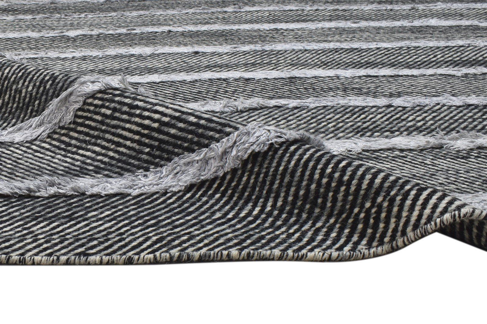 Dhurrie Black Wool / Silk Rug 5X7 Modern Scandinavian Striped Room Size Carpet Area Rug