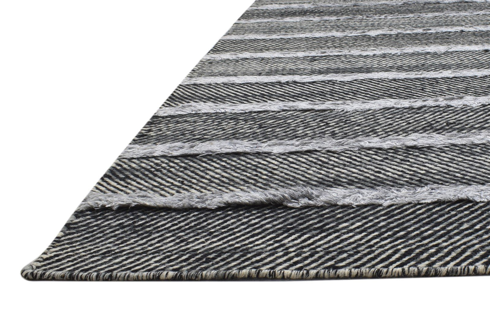 Dhurrie Black Wool / Silk Rug 5X7 Modern Scandinavian Striped Room Size Carpet Area Rug