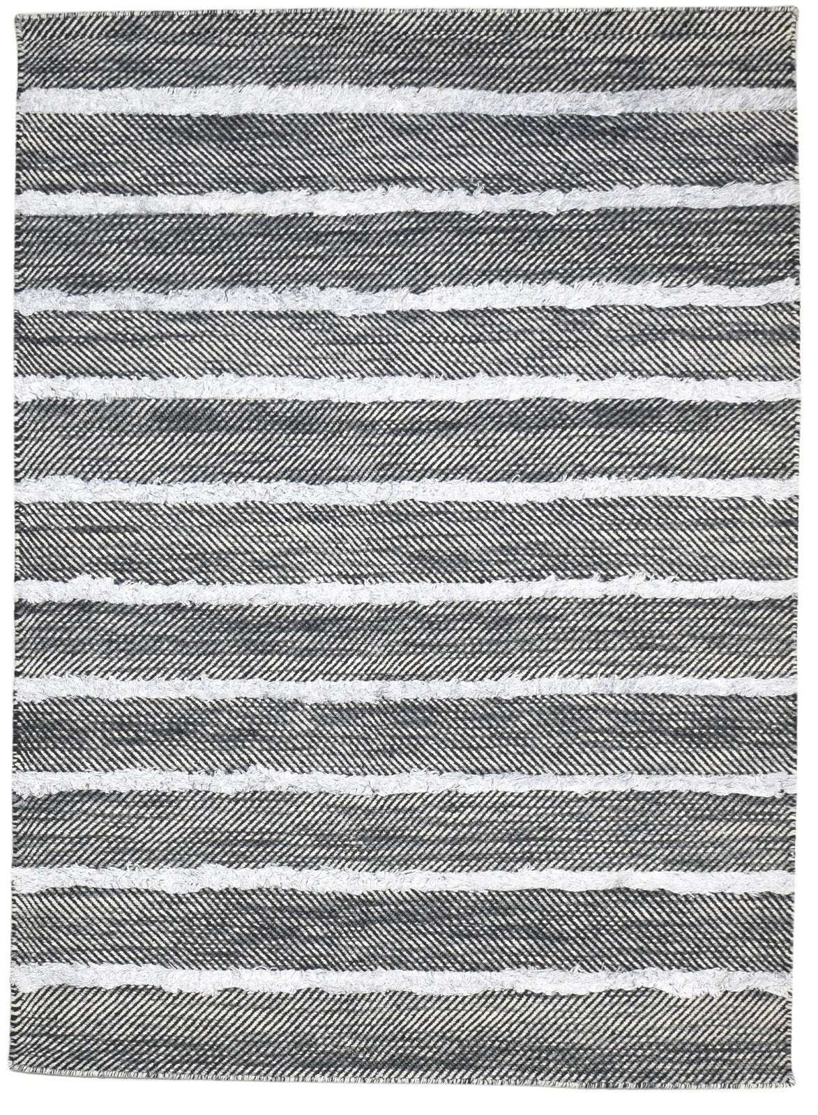 Dhurrie Black Wool / Silk Rug 5X7 Modern Scandinavian Striped Room Size Carpet Area Rug