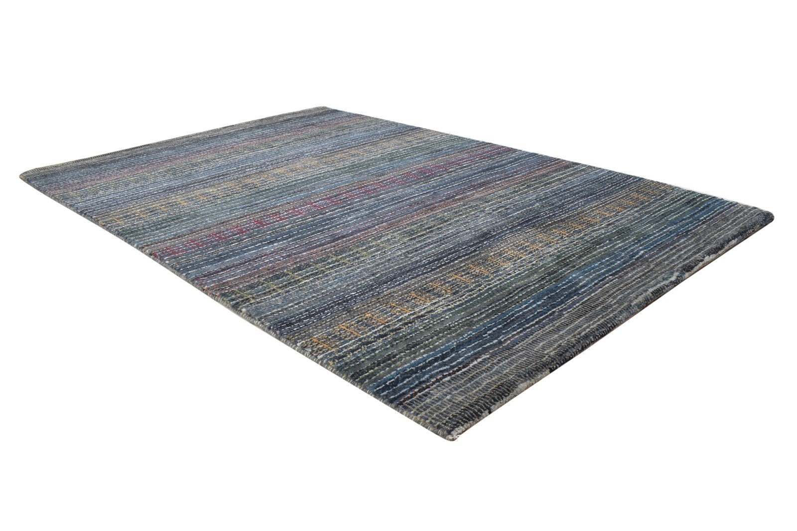 Wool Blue Rug 4' X 5' Modern Hand Knotted Bohemian Striped Room Size Carpet Area Rug