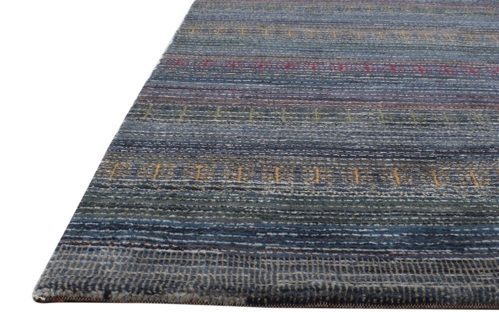 Wool Blue Rug 4' X 5' Modern Hand Knotted Bohemian Striped Room Size Carpet Area Rug
