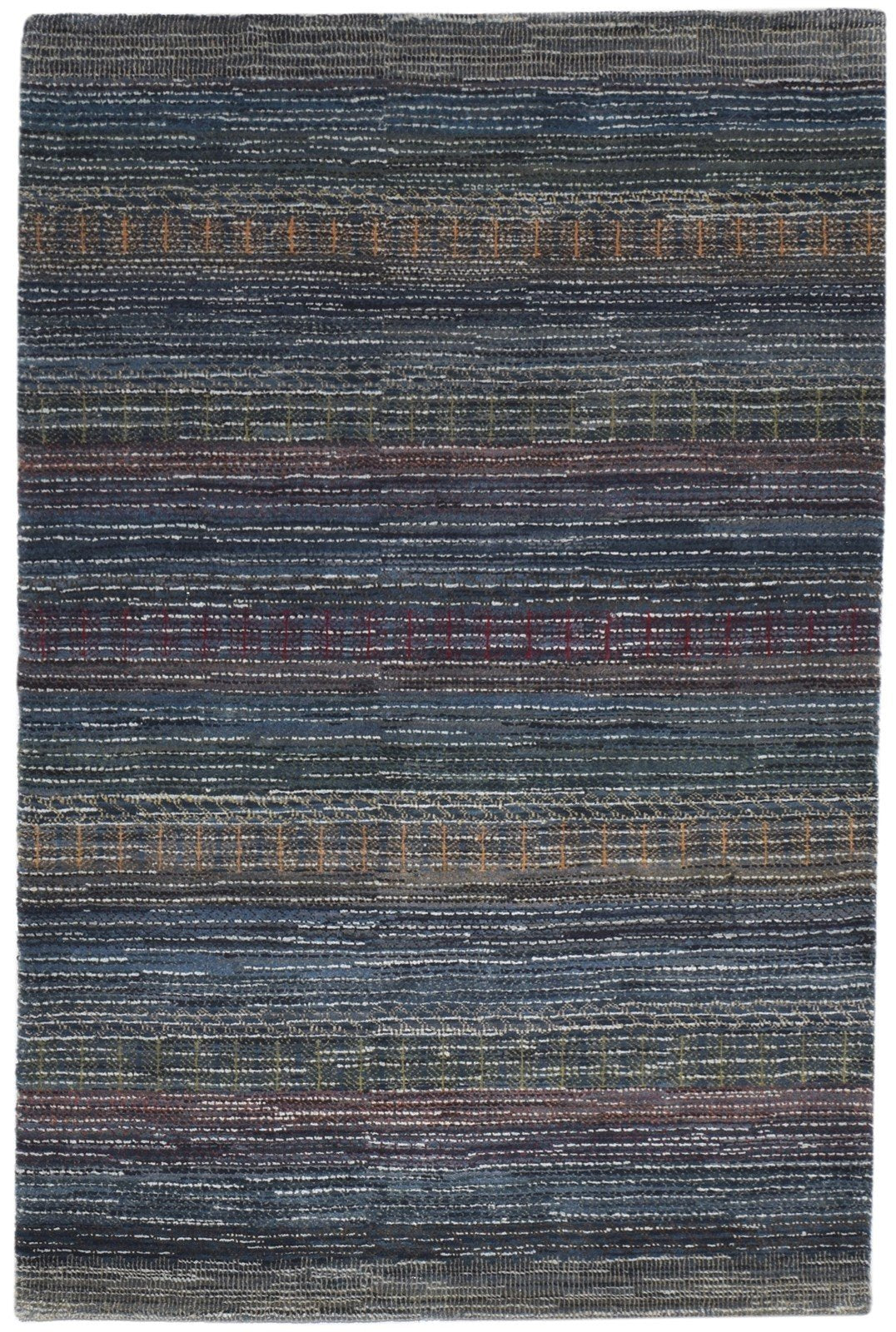 Wool Blue Rug 4' X 5' Modern Hand Knotted Bohemian Striped Room Size Carpet Area Rug