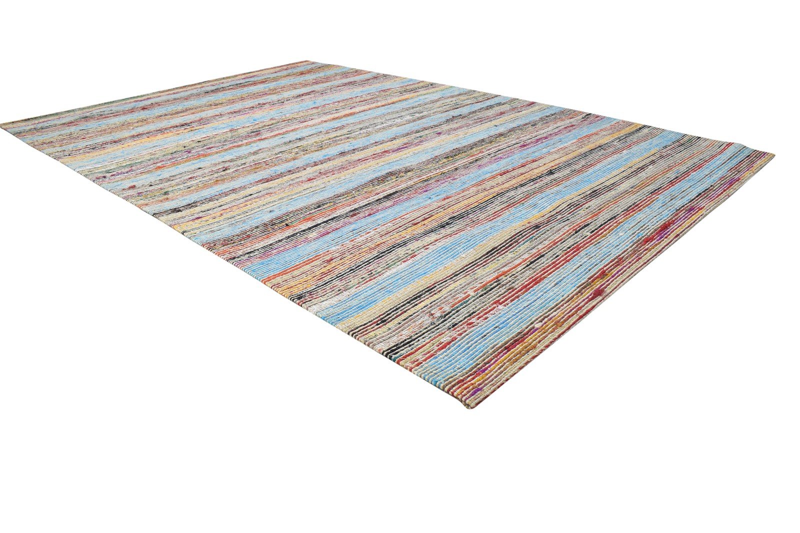 Jacquard Loom Colorful Wool / Silk Rug 5X7 Modern Bohemian Striped Room Size Area Rug