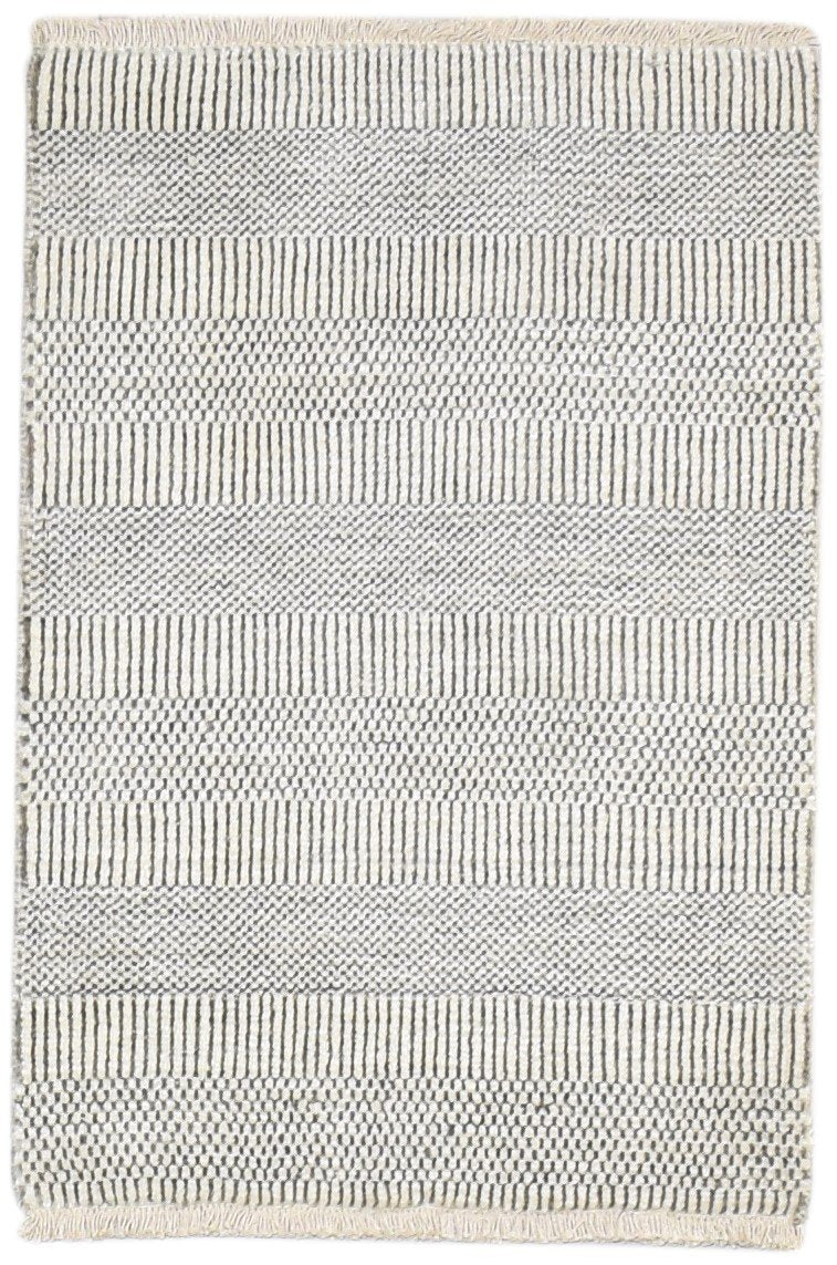 Hand Knotted Cream Wool / Silk Rug 2X3 Modern Scandinavian Grass Trellis Small Area Rug