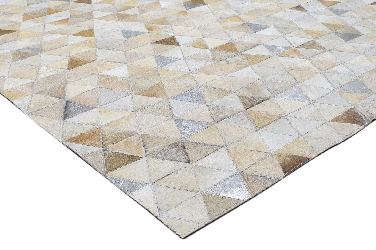 Hand Woven Beige Leather Rug 5X8 Modern Scandinavian Triangles Room Size Carpet Area Rug