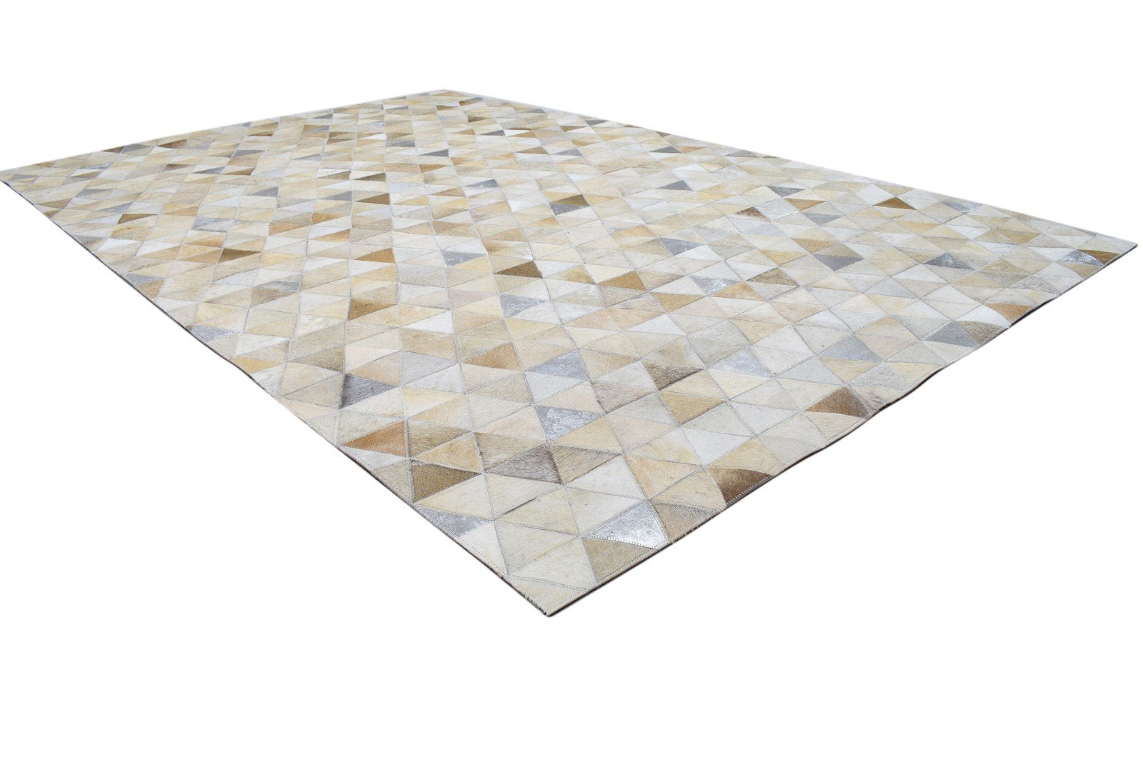 Hand Woven Beige Leather Rug 5X8 Modern Scandinavian Triangles Room Size Carpet Area Rug