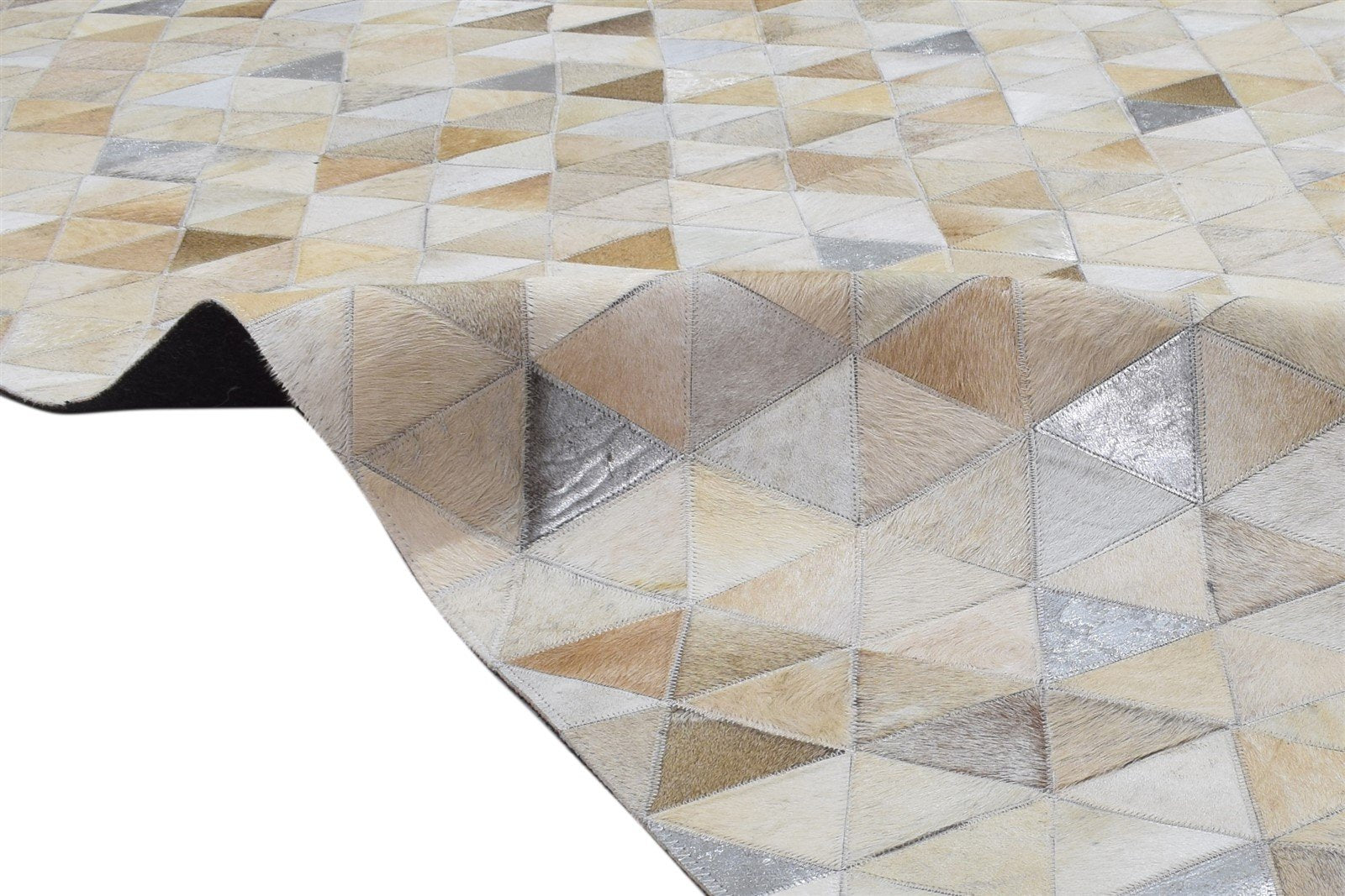 Hand Woven Beige Leather Rug 5X8 Modern Scandinavian Triangles Room Size Carpet Area Rug