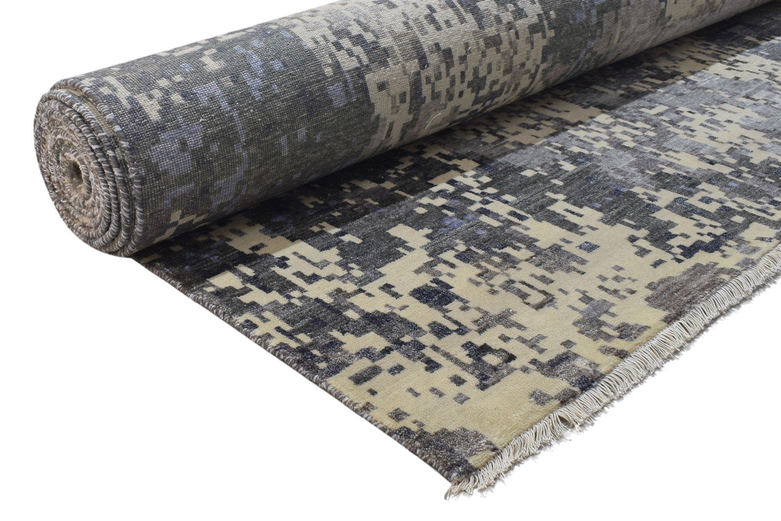 Wool / Silk Grey Rug 10X14 Modern Hand Knotted Indian Abstract Extra Large Area Rug