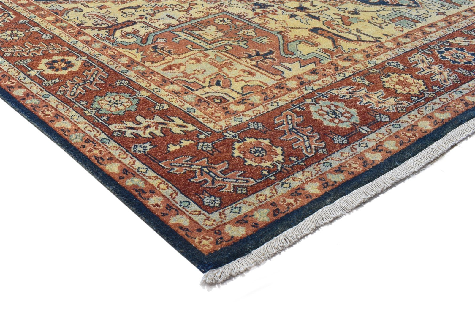 Hand Knotted Blue Wool Rug 8' X 10' Persien Heriz-Indian Oriental Large Carpet Area Rug