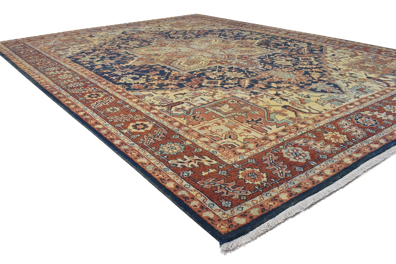 Hand Knotted Blue Wool Rug 8' X 10' Persien Heriz-Indian Oriental Large Carpet Area Rug