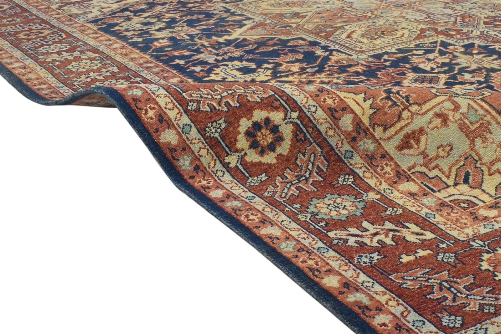 Hand Knotted Blue Wool Rug 8' X 10' Persien Heriz-Indian Oriental Large Carpet Area Rug