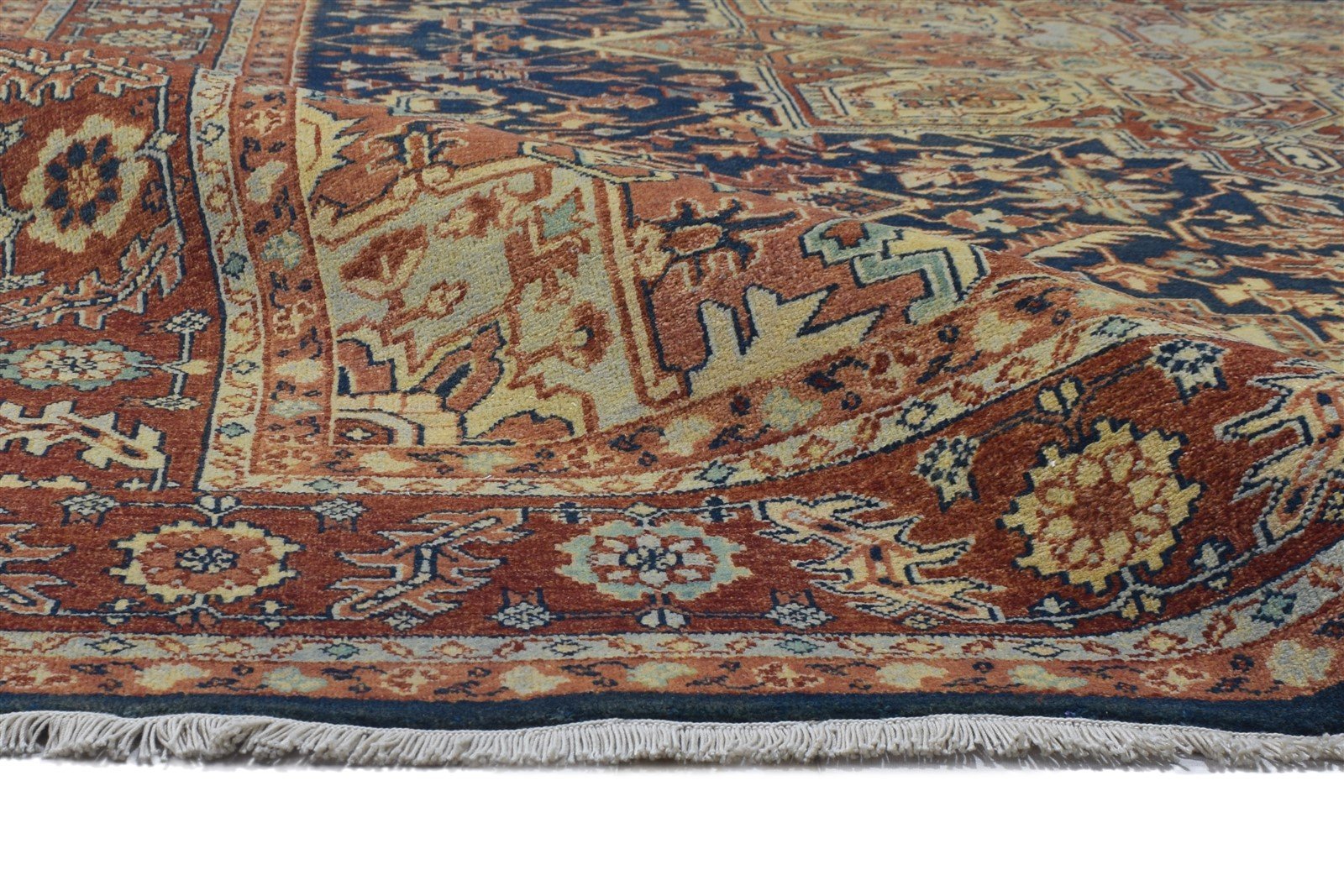 Hand Knotted Blue Wool Rug 8' X 10' Persien Heriz-Indian Oriental Large Carpet Area Rug